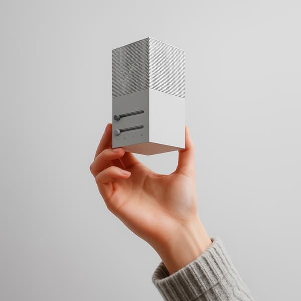 A hand holding a small silver rectangular device with two slider controls