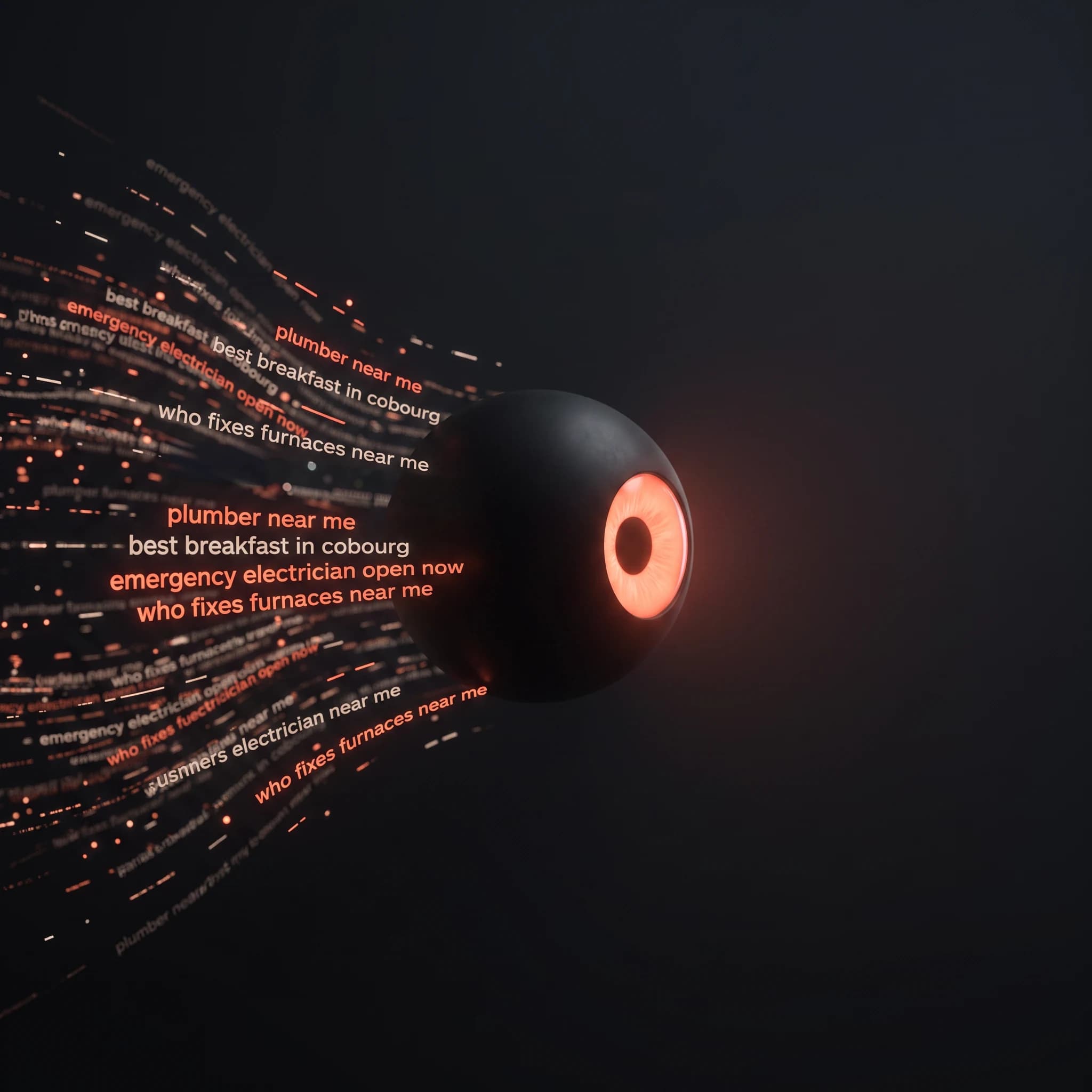 A matte black sphere with a single coral-lit iris, trailing a long curved stream of search phrases into the dark — among them 'plumber near me', 'best breakfast in cobourg', 'emergency electrician open now' and 'who fixes furnaces near me'.
