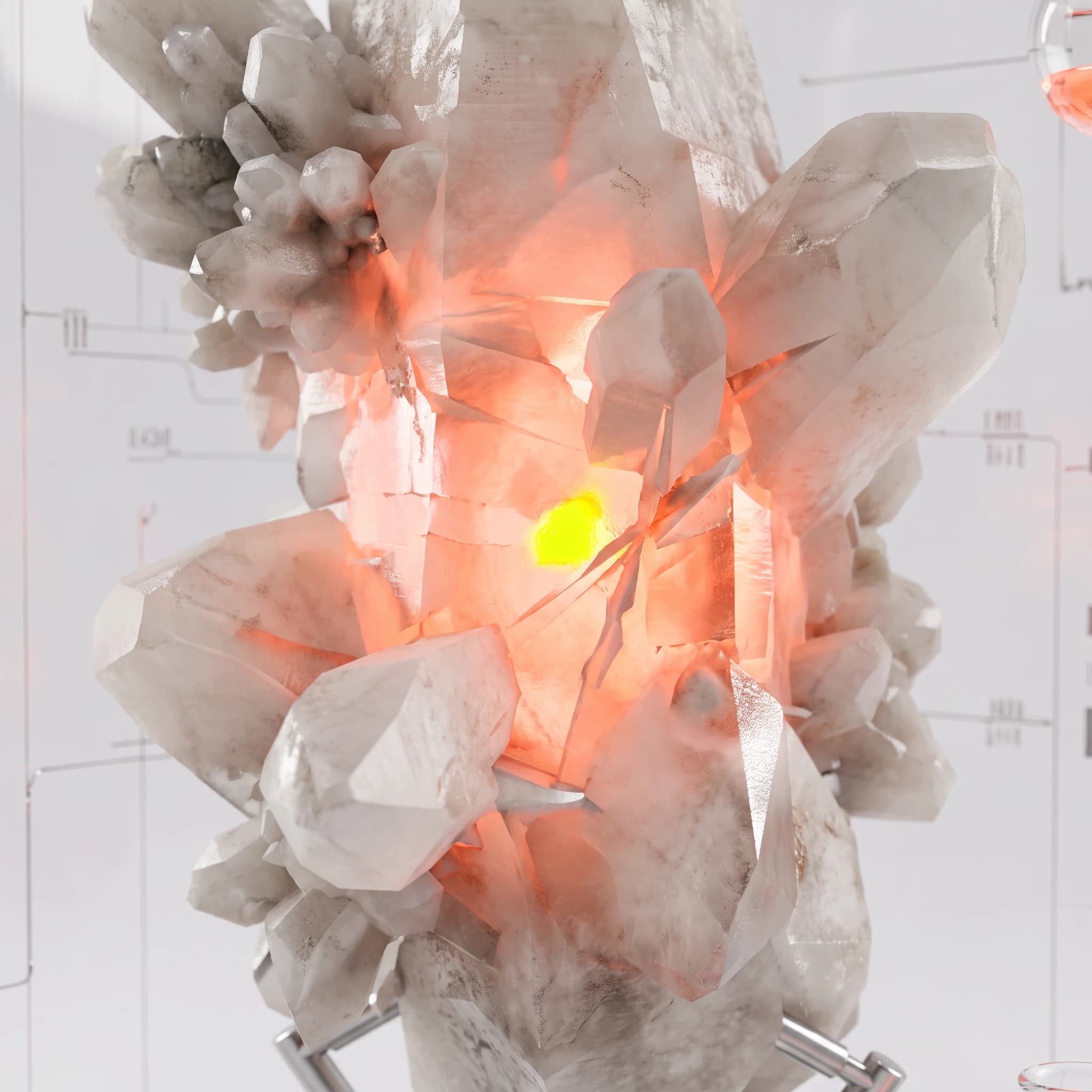 Macro view of the grown crystal: hard asymmetric facets and dendritic clusters, with coral light glowing outward from veins inside the stone