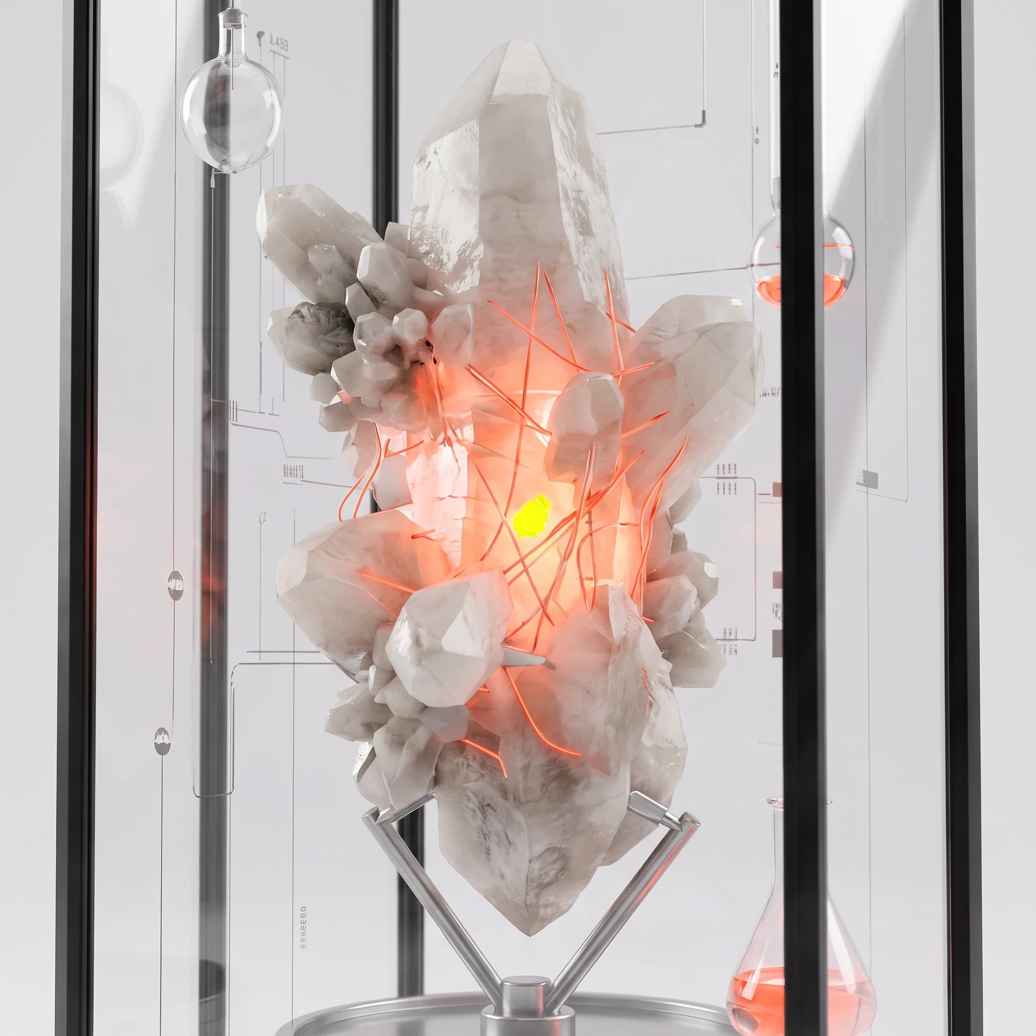 The specimen seen close through the case's front pane, faint etched annotation lines crossing in front of the lit crystal