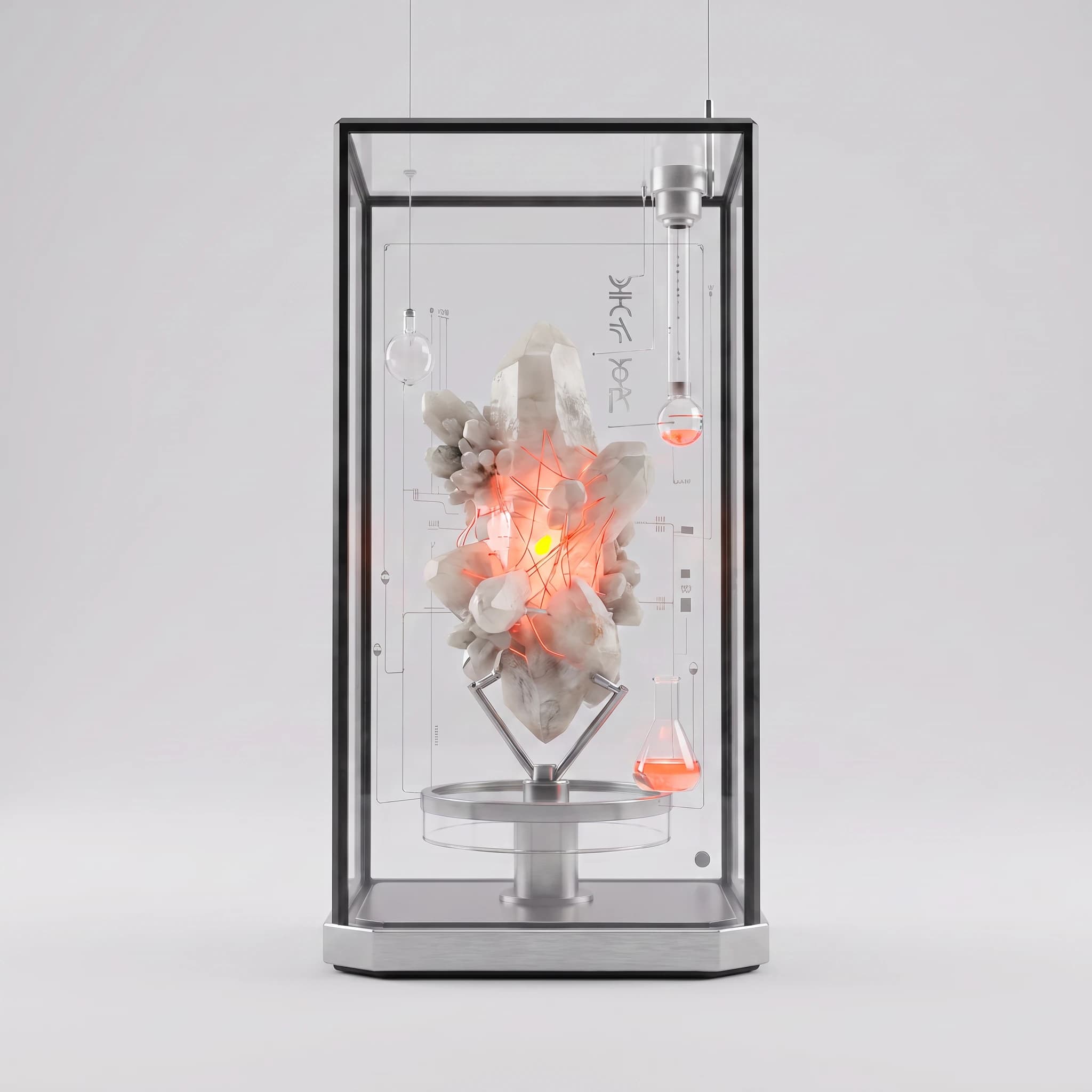 The display case straight on and symmetrical, the glowing crystal centred on its machined cradle