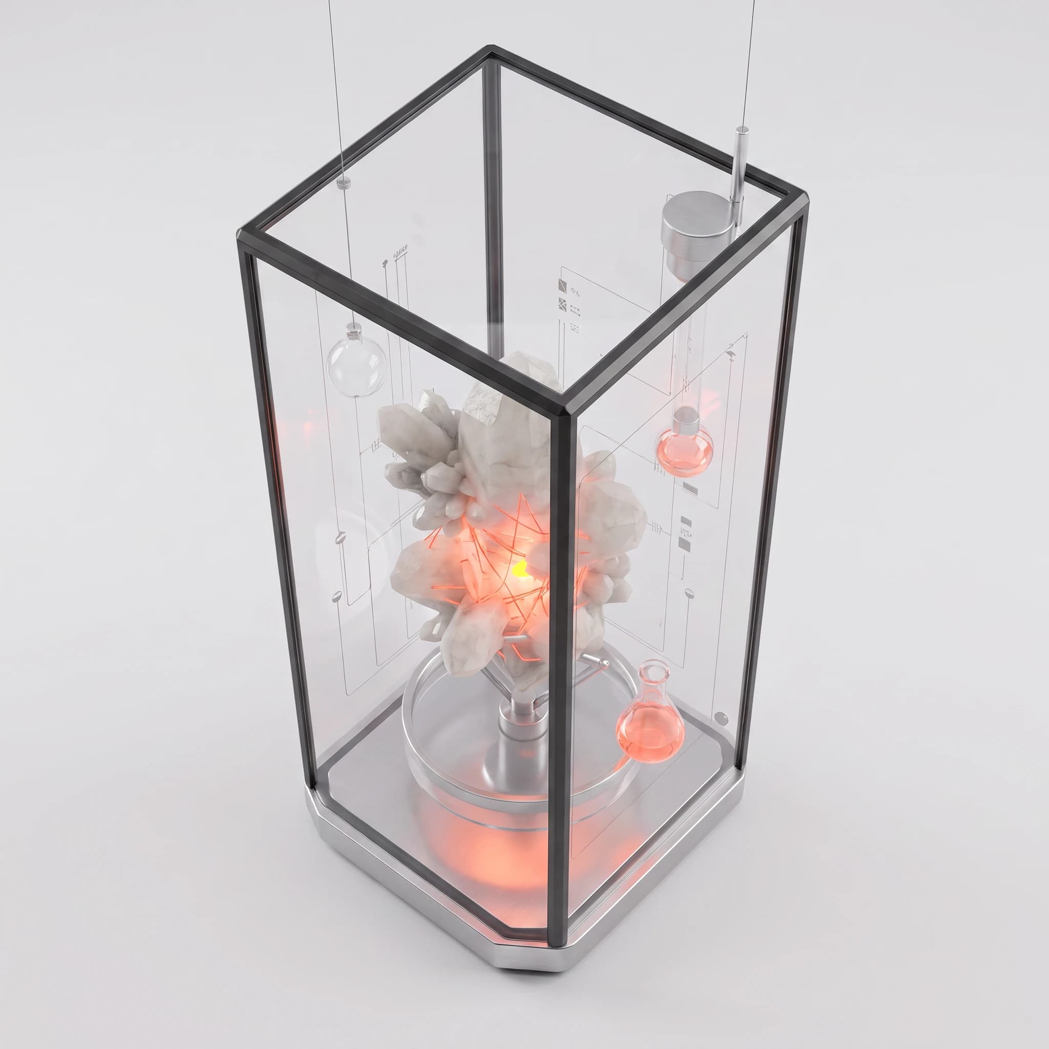 The case seen from above at an angle, the top glass pane bright and the walls foreshortening toward the aluminium base
