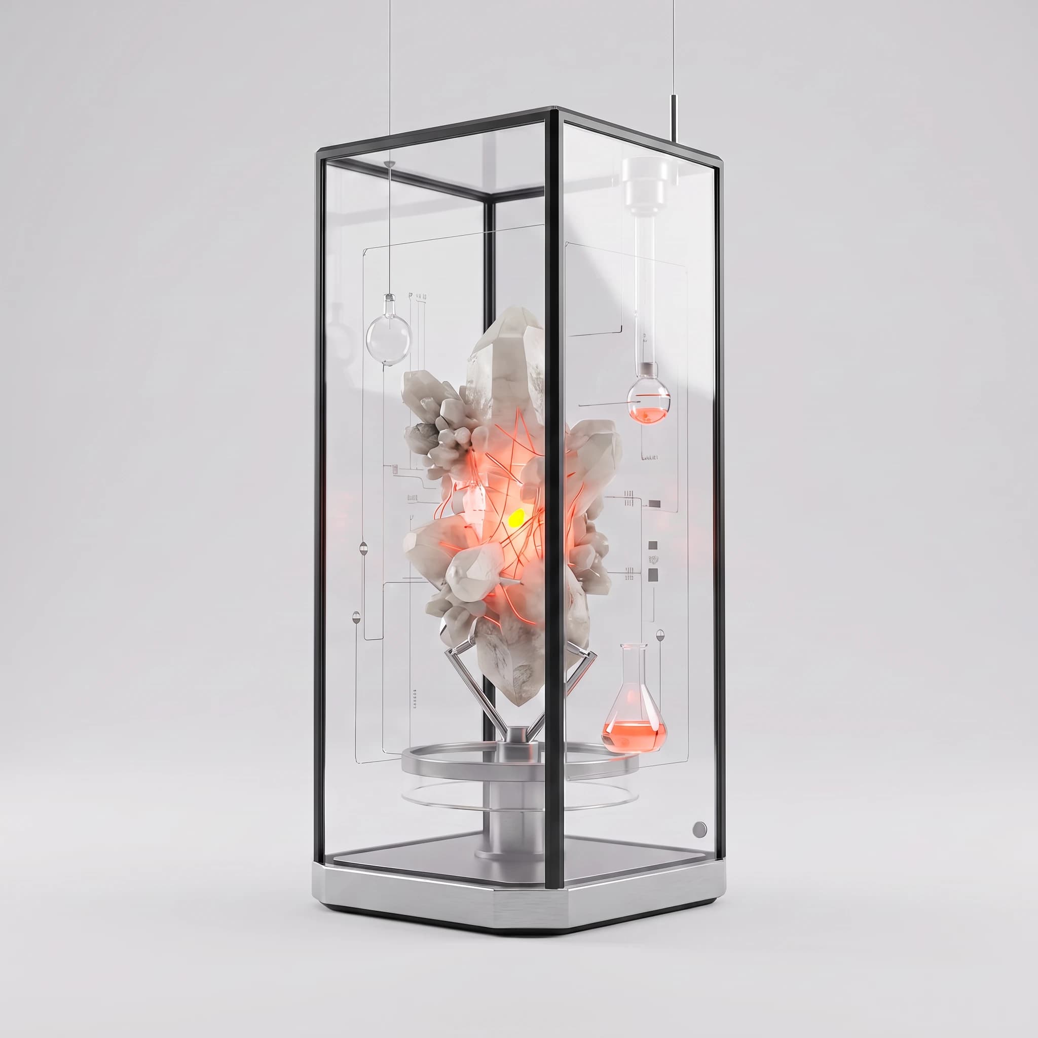 The case from the opposite three-quarter angle, the crystal's coral core glowing through the glass