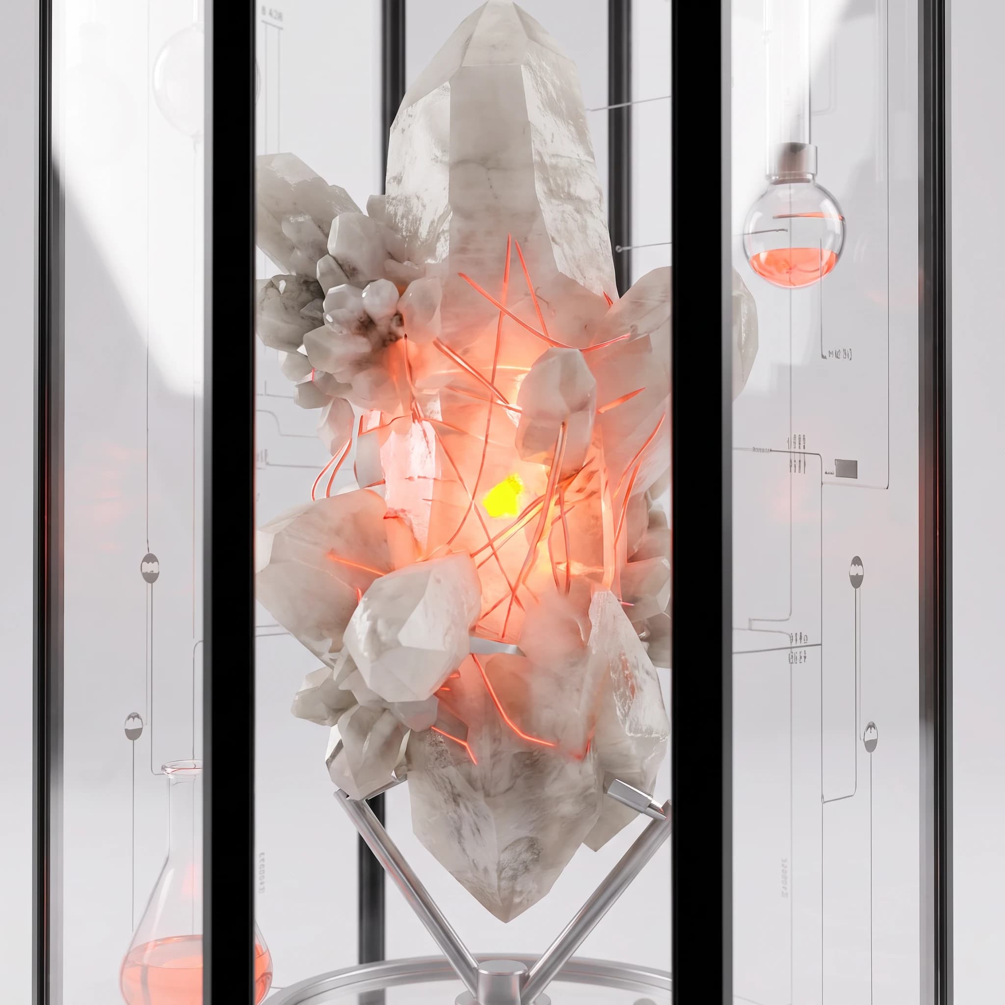 A close view of the crystal in its cradle, coral light running through the lattice behind the etched glass
