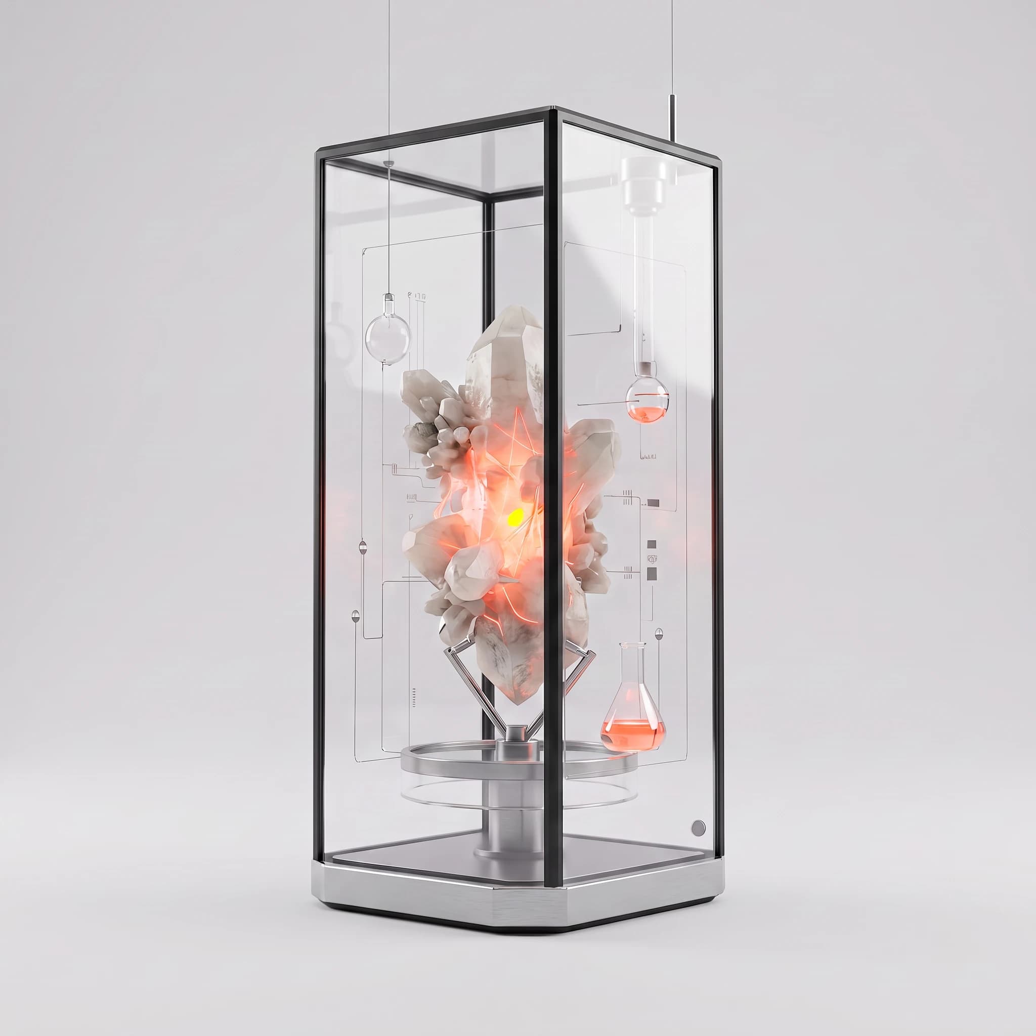 A full glass display case holding a coral-lit white crystal cluster and suspended laboratory glassware.