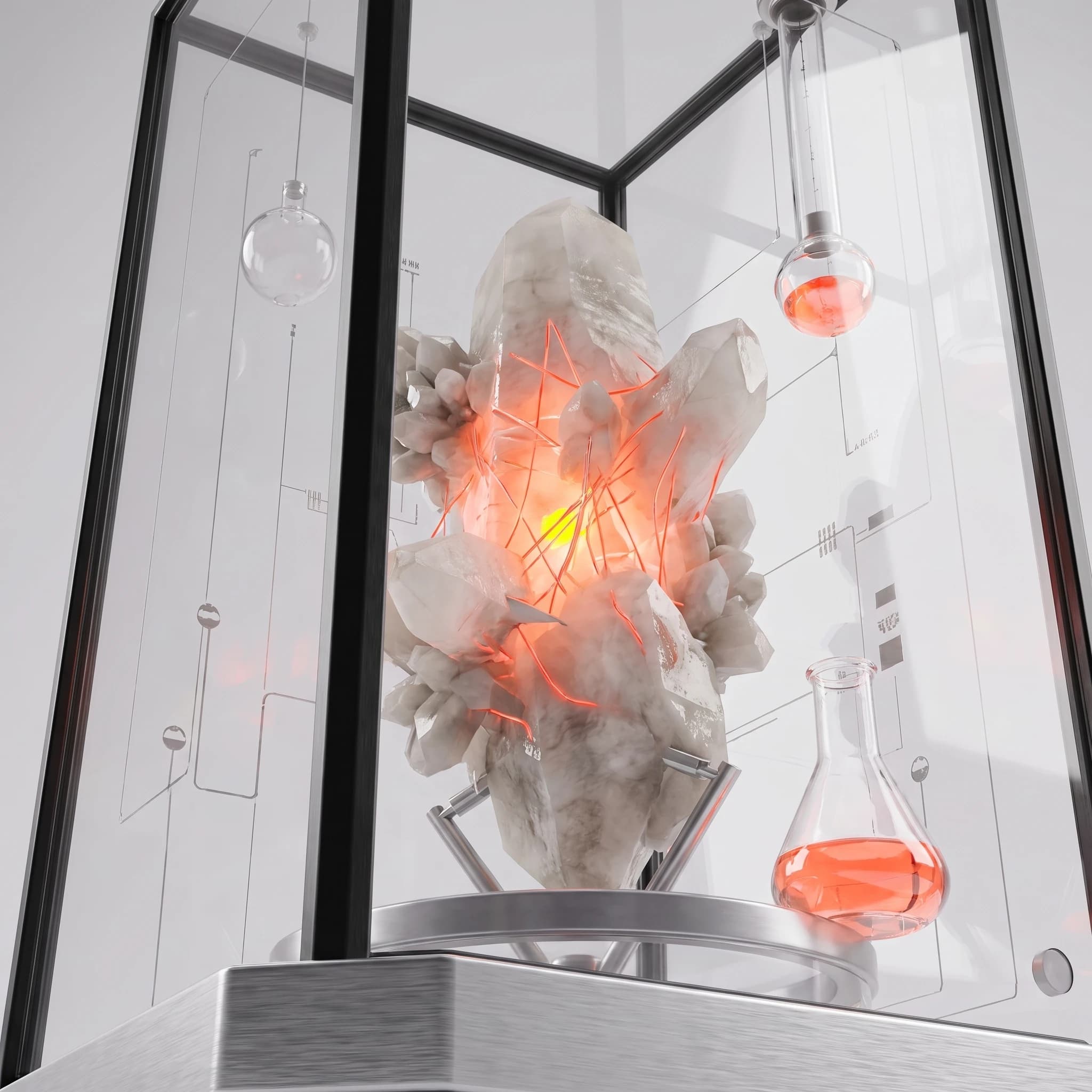 A coral-lit white crystal cluster inside a glass laboratory case, seen close among suspended flasks.