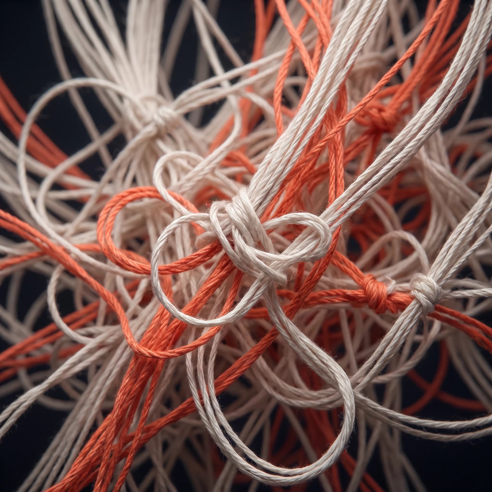 Extreme close view of a snarl of loose coral and bone-white yarn, knots pulled tight and slack loops crossing each other at random with no pattern