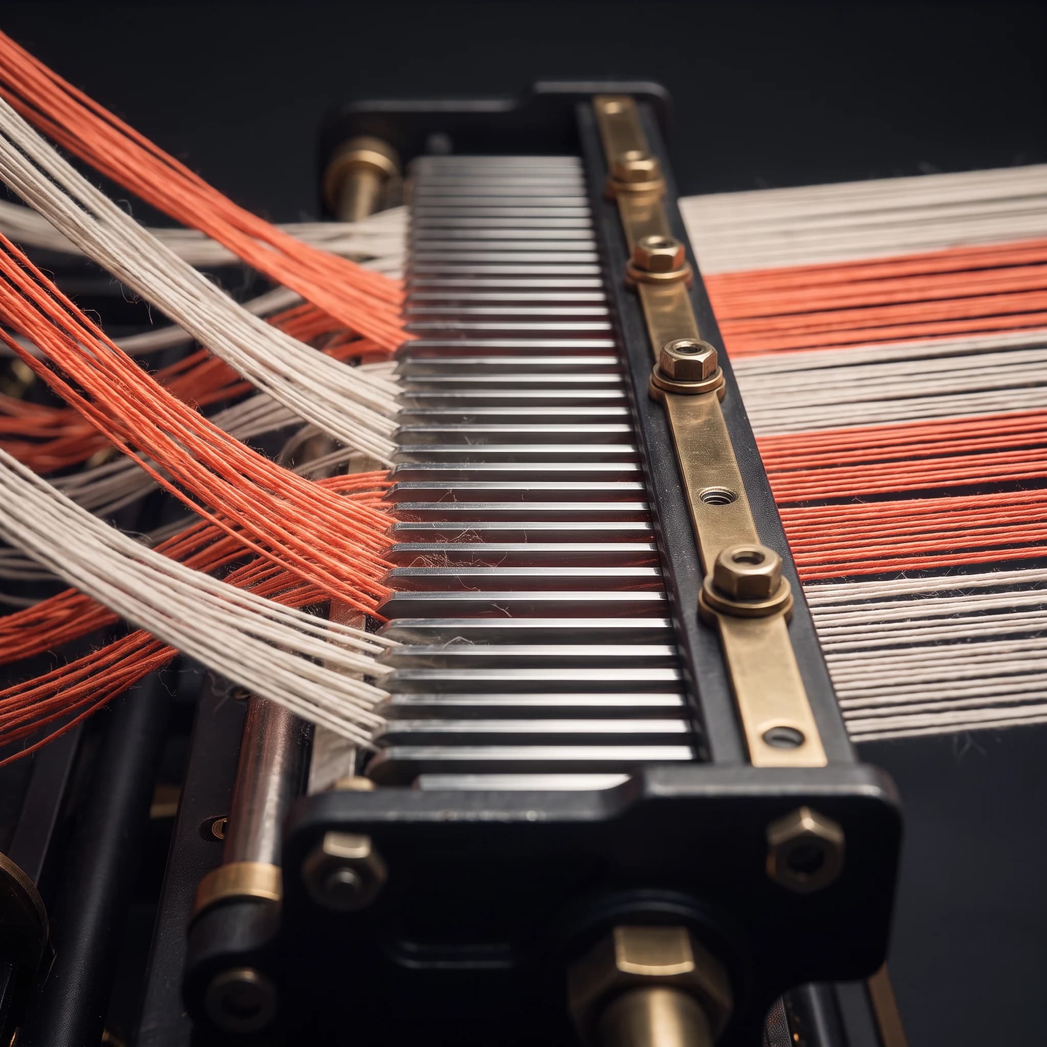 Macro view of the reed comb: threads arriving crossed and slack on one side of the fine metal blades and leaving the other side dead parallel and evenly spaced