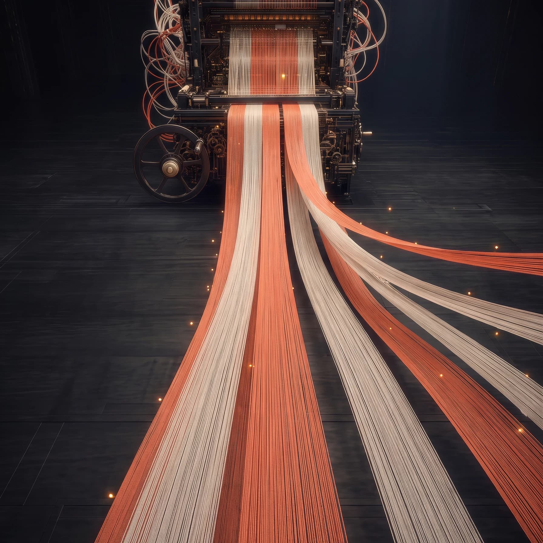 Seen from above, the finished cloth leaving the loom and running away across the dark floor, fanning apart into separate coral and bone-white ribbons with small warm lights scattered along them