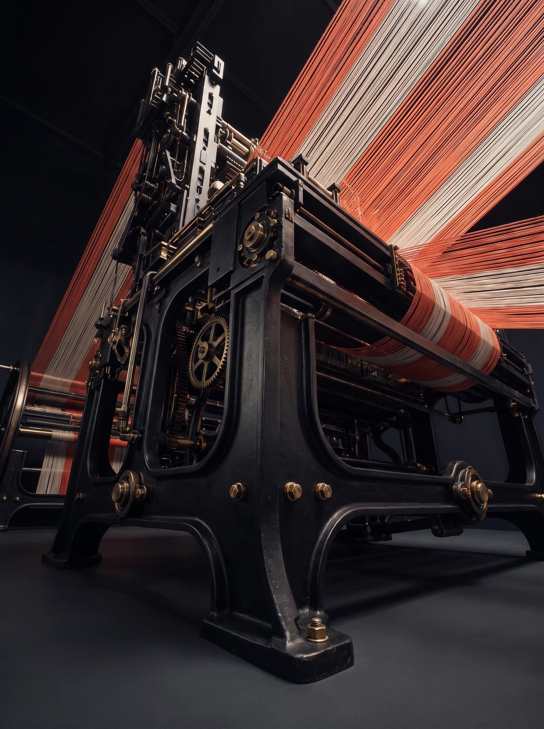The whole loom seen from floor level, its heavy cast-iron feet and bolted base filling the foreground and the machine rising away above, ordered warp threads fanning out across the top of the frame