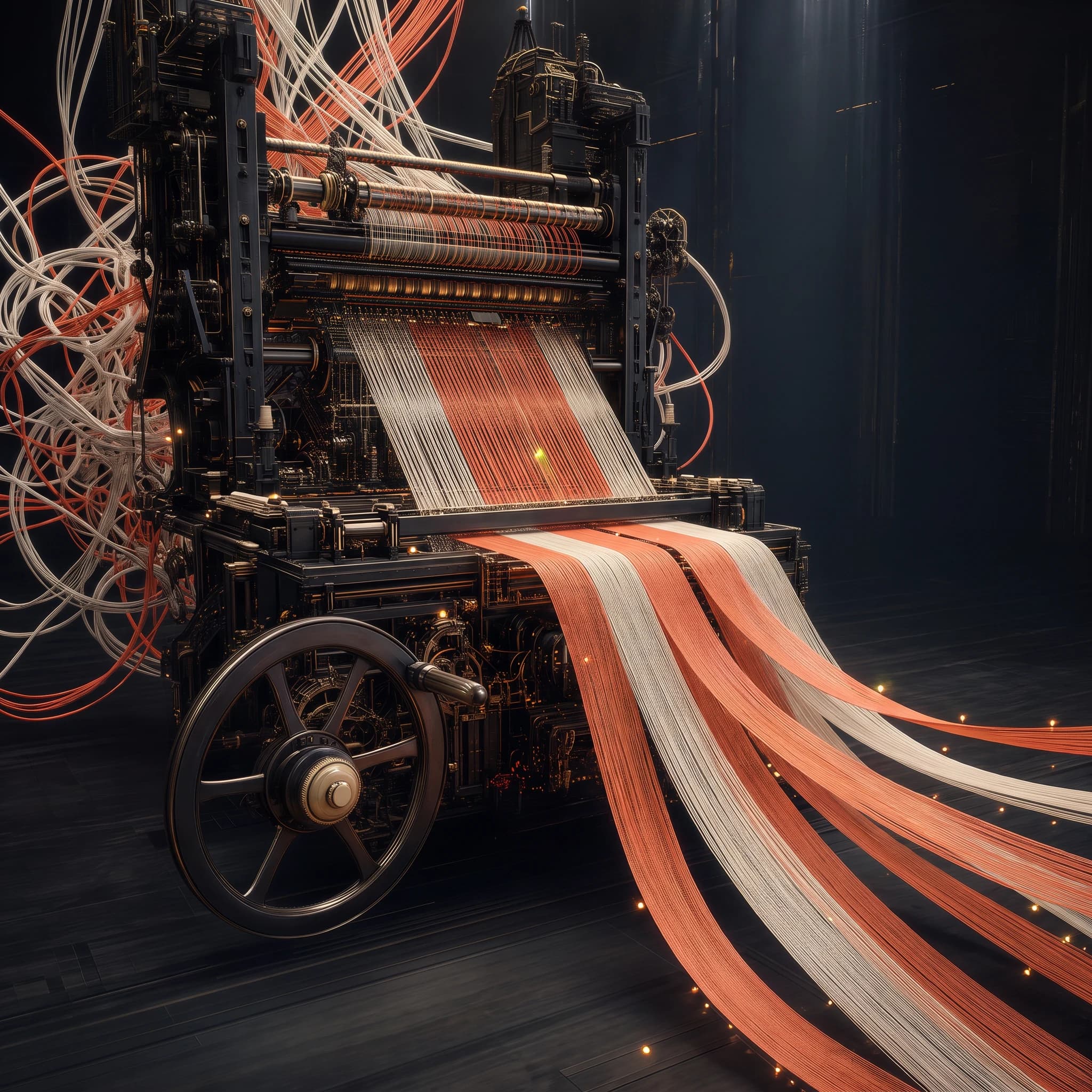 An industrial loom in a dark hall: a snarled tangle of loose coral and bone threads feeds in from the left, is combed into strict order through the machine, and leaves the breast beam as broad woven bands running away across the floor.