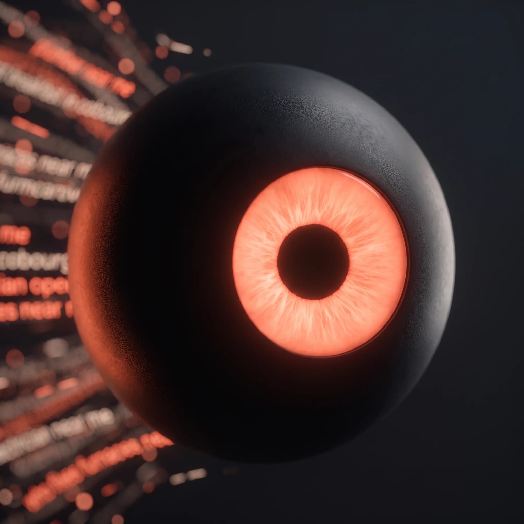 Extreme close view of the black sphere's glowing coral iris, the fine radial fibres inside it sharp, with the drifting text behind reduced to soft blurred light
