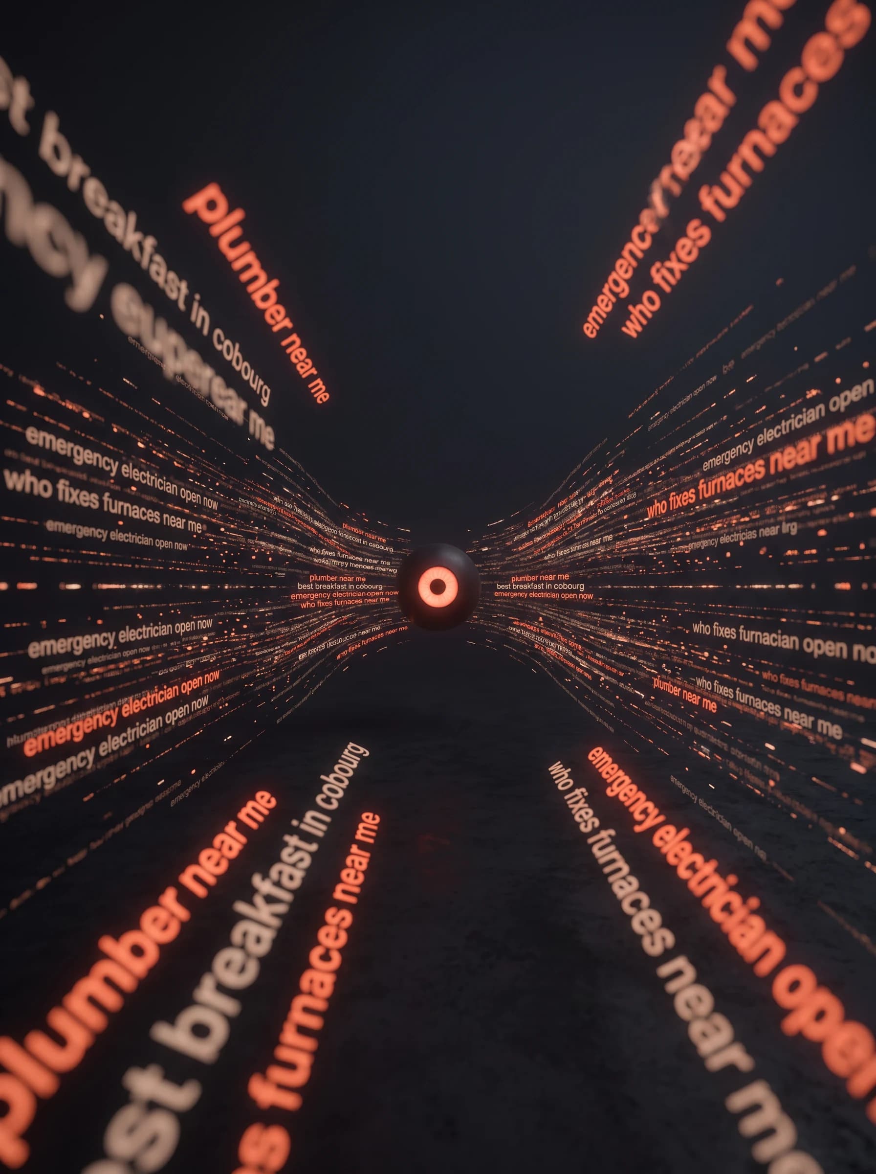 Looking straight down the length of the drift: rank behind rank of floating search phrases receding into the dark and converging on the small lit sphere far ahead