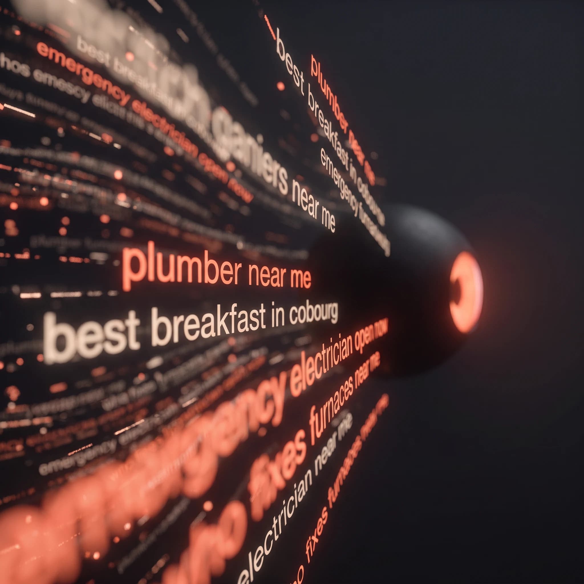 Close in among the floating phrases, with “plumber near me” and “best breakfast in cobourg” sharp in the foreground and the rest dissolving into warm blur
