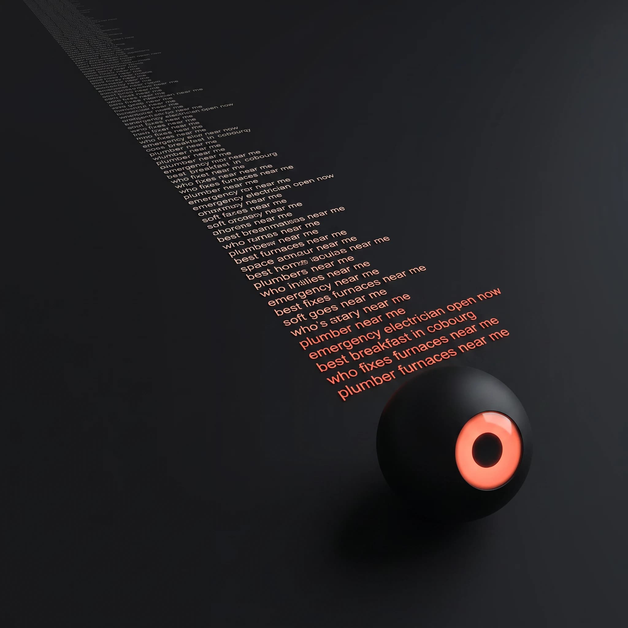 The same drift resolved into neat ordered ranks marching toward the sphere, dim and unreadable at the far end and glowing coral by the time they reach the front