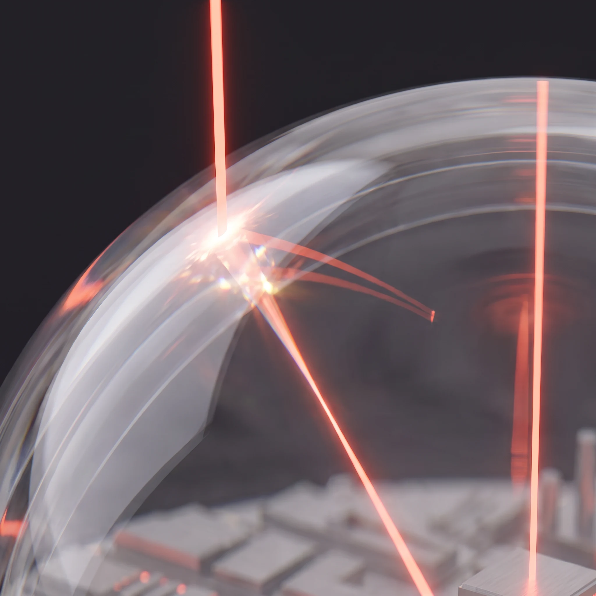 Extreme close view of the beam striking the thick glass dome, flaring into a bright coral starburst at the point it enters, with finer rays fanning away inside the glass wall
