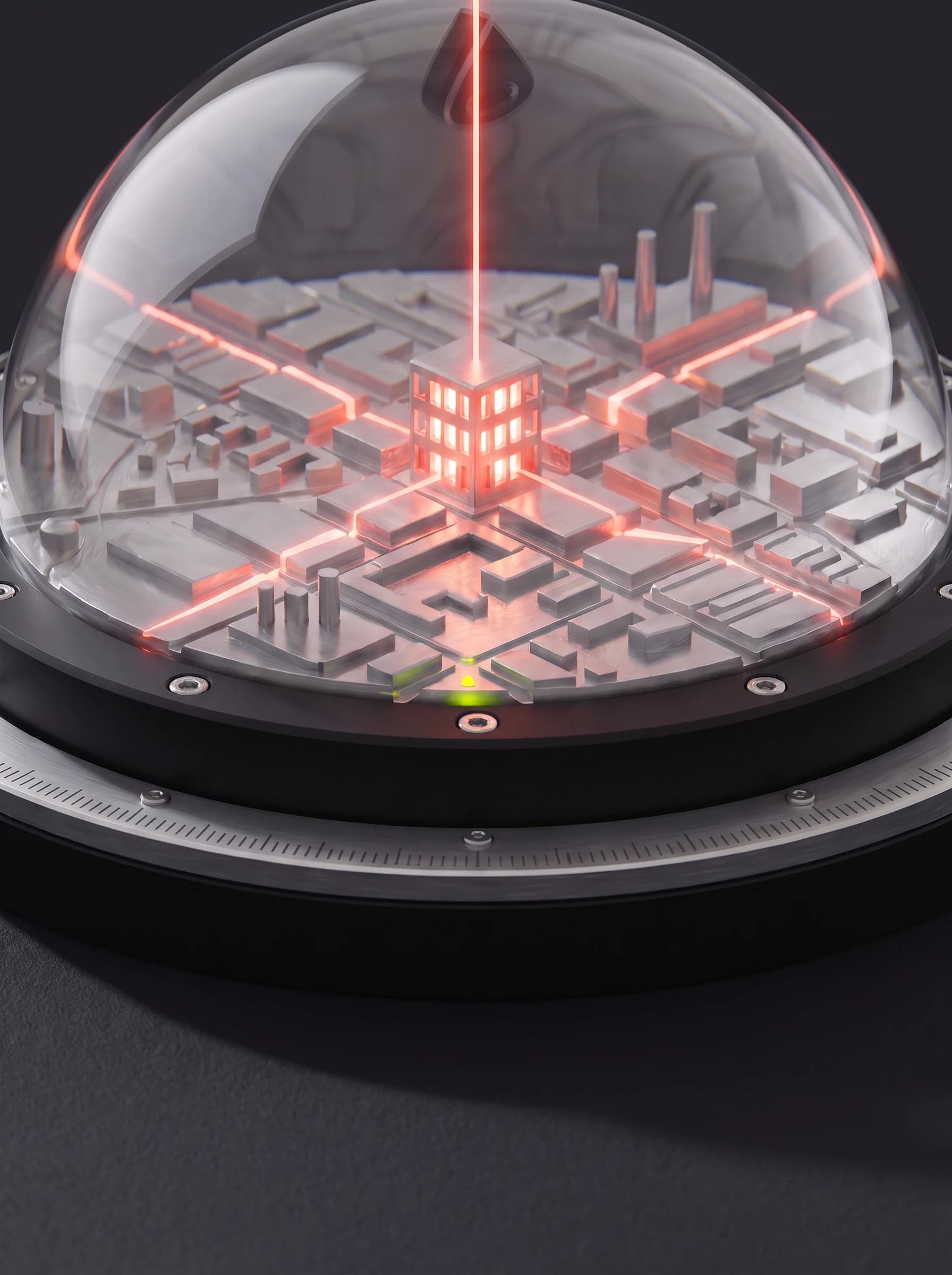 The whole instrument seen from low down: a glass dome on a machined black base with a brushed graduation ring, the miniature metal city inside lit by coral lines running along its streets
