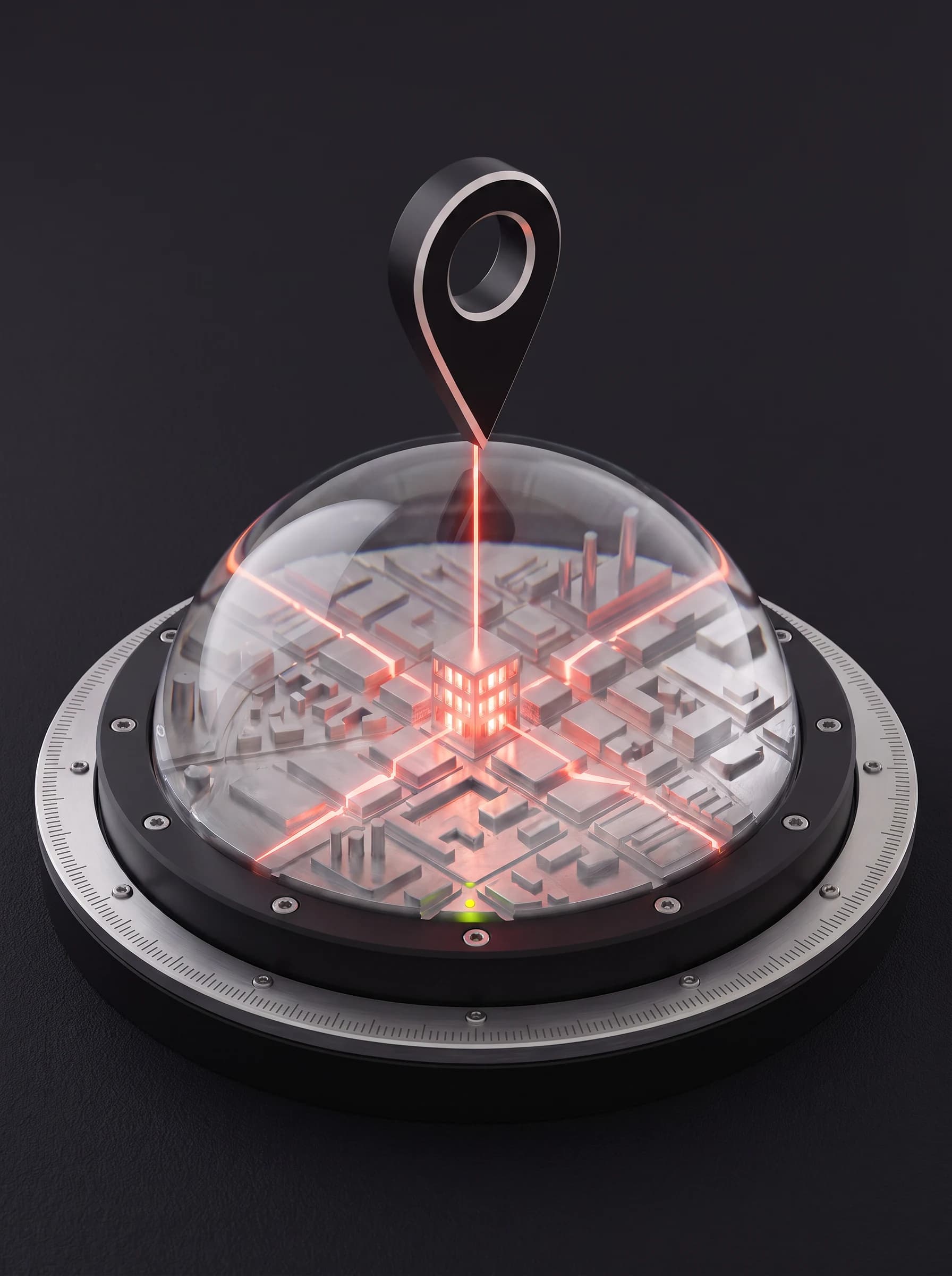 The instrument as one tall column: the black teardrop marker above, a single coral beam dropping through the glass dome to the lit building below, the ringed base beneath