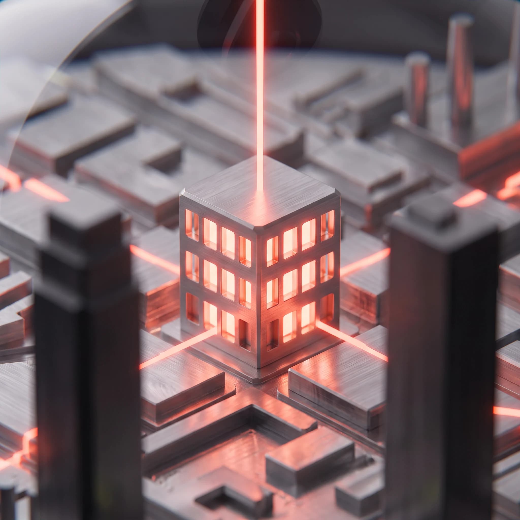 Close view down among the machined buildings, the one chosen building's windows burning coral from inside while its unlit neighbours stand cold in brushed metal