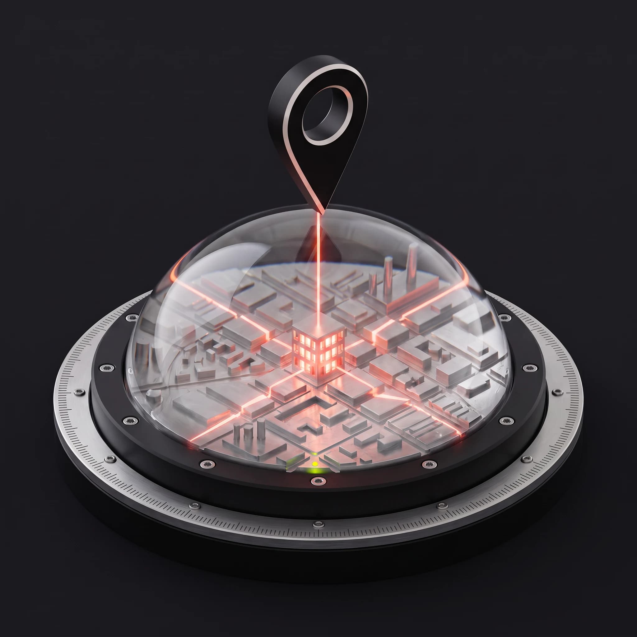 A glass dome on a machined black base with a brushed graduation ring, a miniature metal city inside it, and a black teardrop map marker above sending one coral beam down through the glass onto a single building whose windows burn coral while its neighbours stay dark.