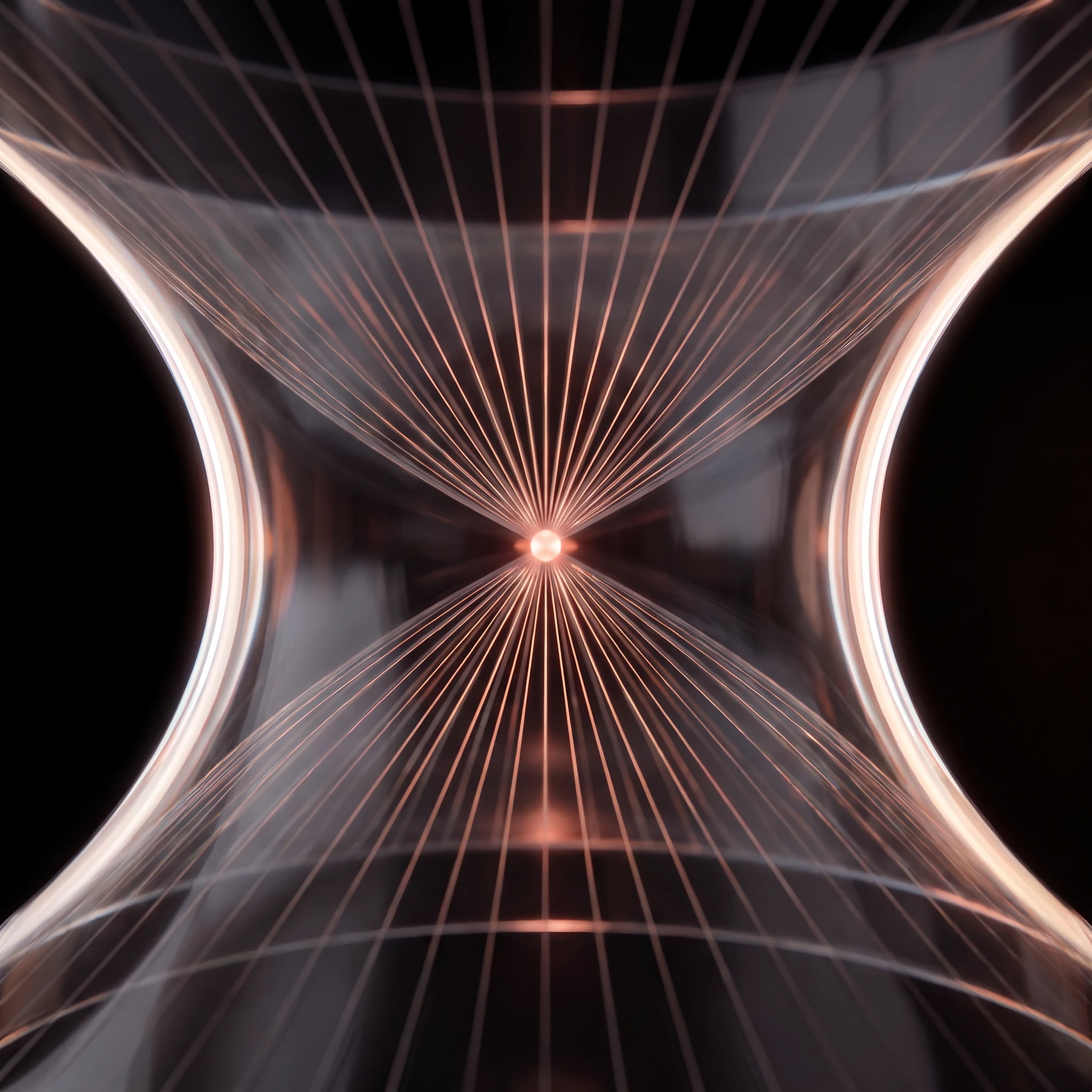 Extreme close view into the glass waist at the object's centre, where fine coral threads converge from every direction onto a single small burning point, the glass curving away into black at either side