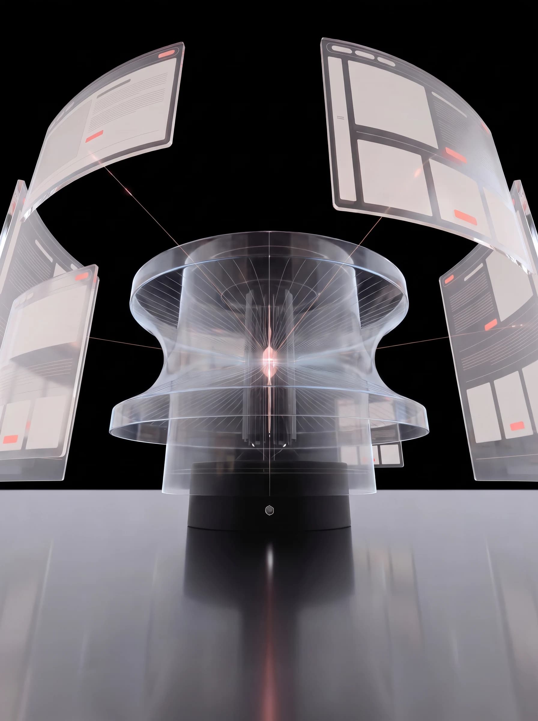 The instrument seen from just above the mirror surface looking upward, so the curved glass pages lean inward overhead like a canopy with their undersides lit, the black plinth nearest the lens