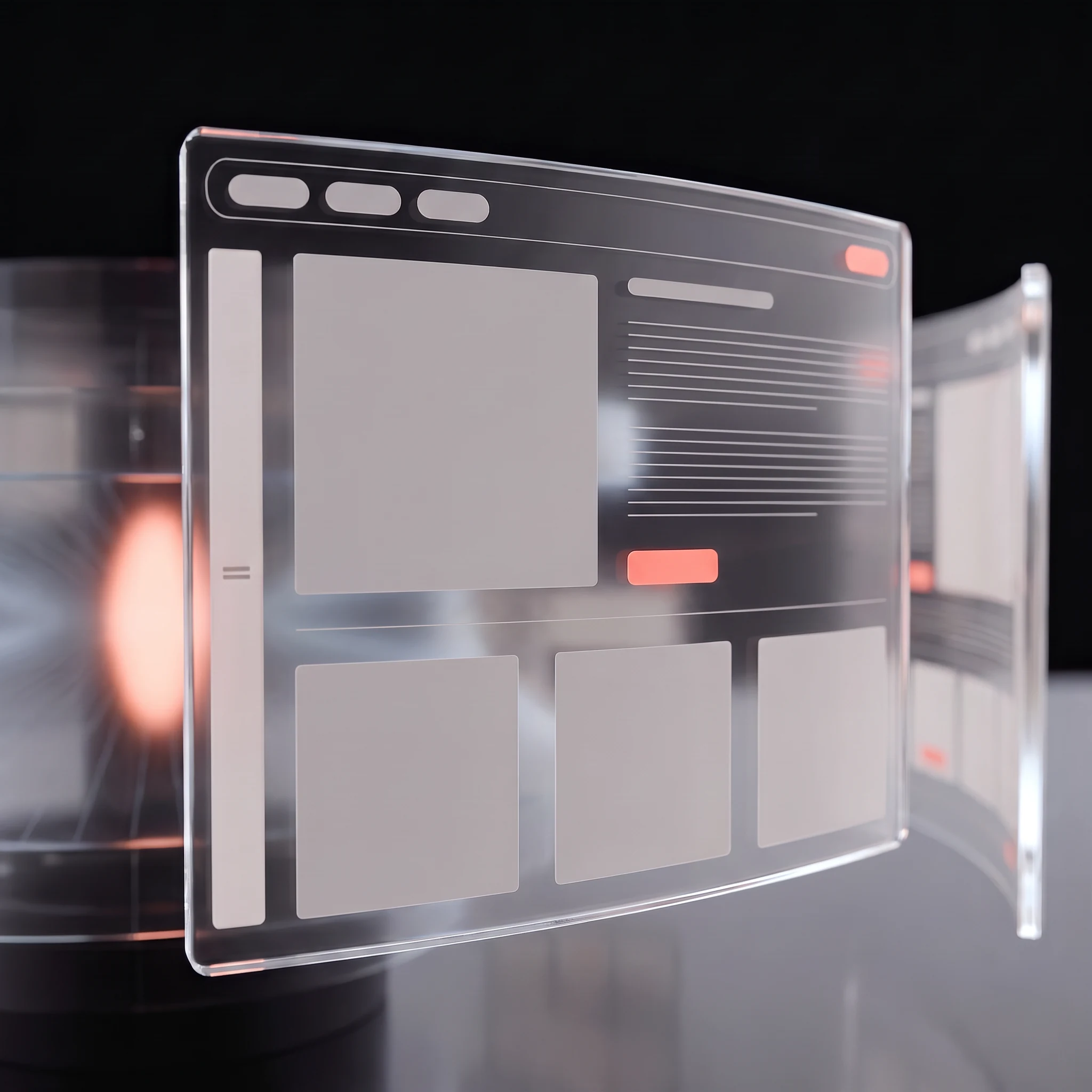 One curved glass page seen close and at an angle, the instrument's coral core burning softly through the pane behind it: a header bar of small pills with a coral button, a large hero block, a sidebar column, fine rules where body copy would sit, and a row of three cards, with a second page receding beyond it