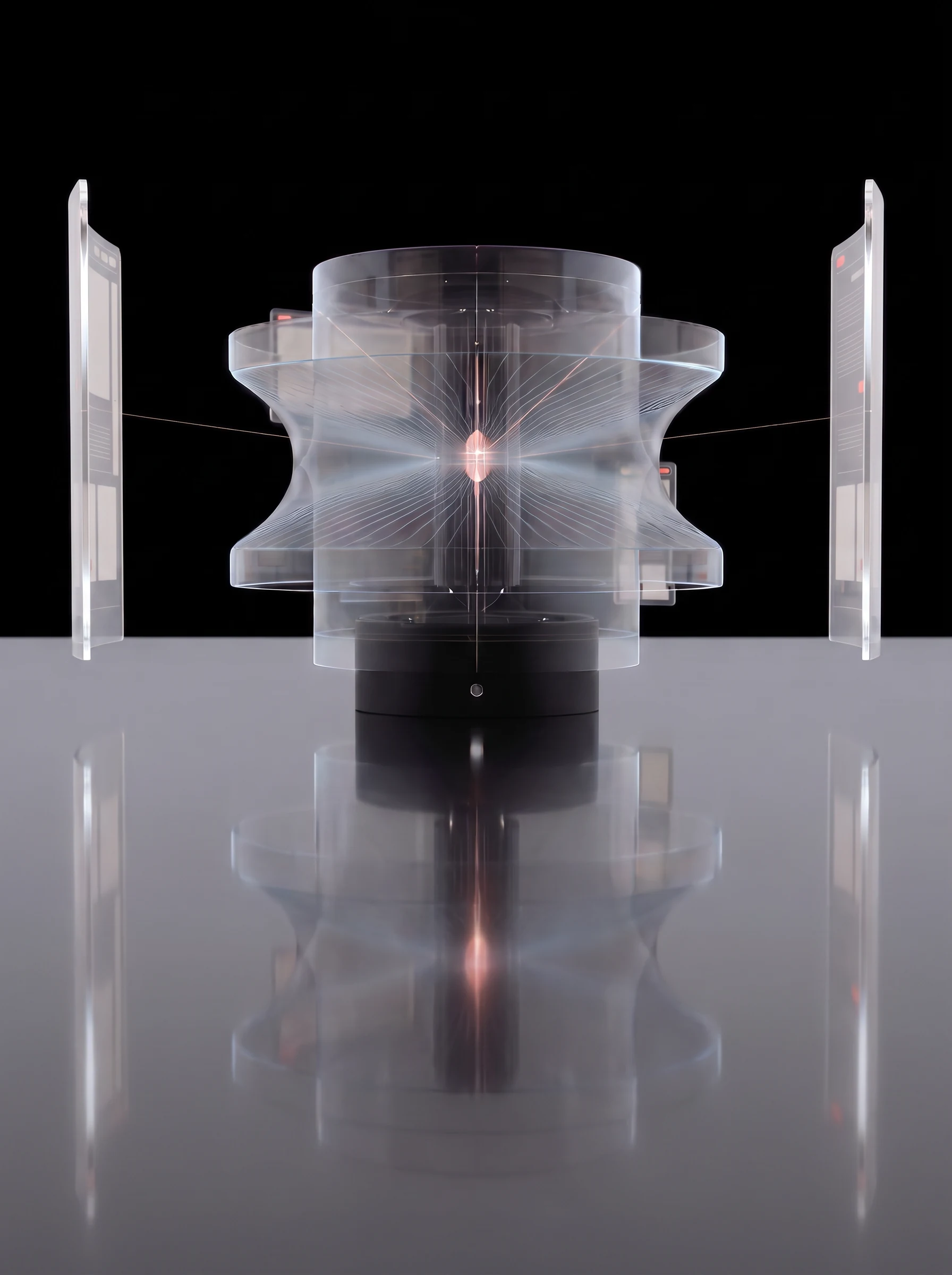 The instrument centred and doubled by its reflection in the polished floor, its glass flanges catching light above the black plinth, the surrounding pages turned nearly edge-on into bright slivers of glass at either side