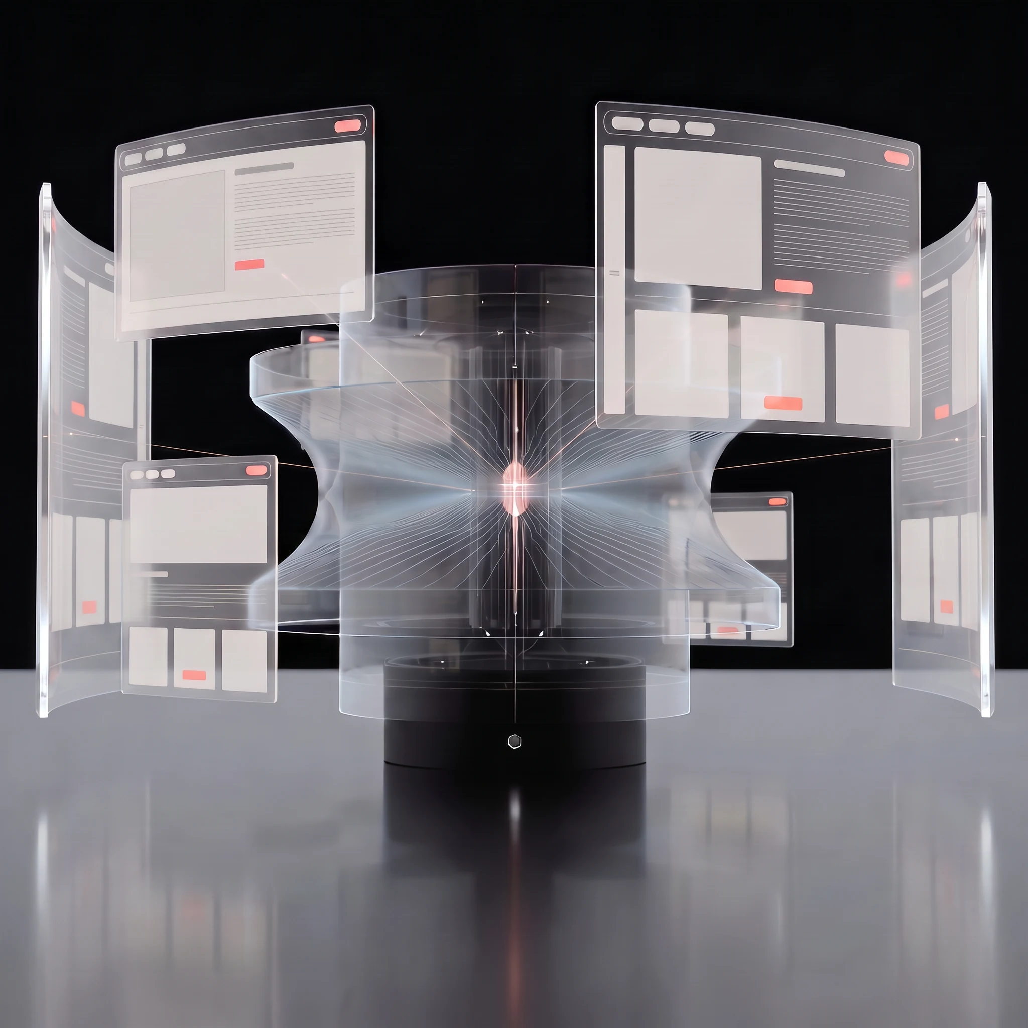 A clear glass instrument on a black machined plinth, standing on a mirror surface against a background split black above and grey below, with curved glass panels arranged around it — each one a web page rendered as plain layout blocks with a single coral accent — and fine light lines running out to them from a small coral point at the instrument's centre