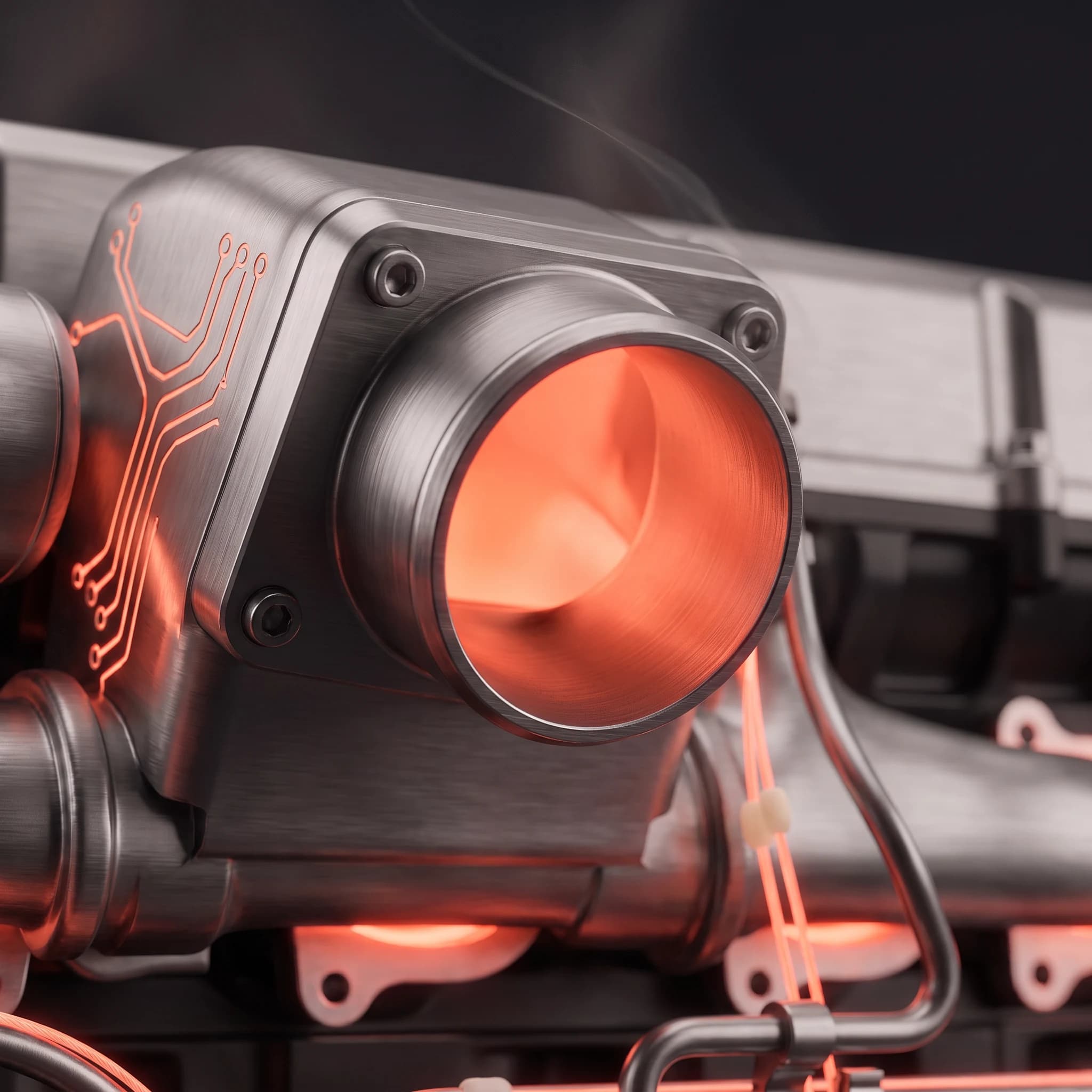 Close view of one intake port on the engine, coral light burning deep inside the machined bore, with fine etched traces on the brushed metal beside it