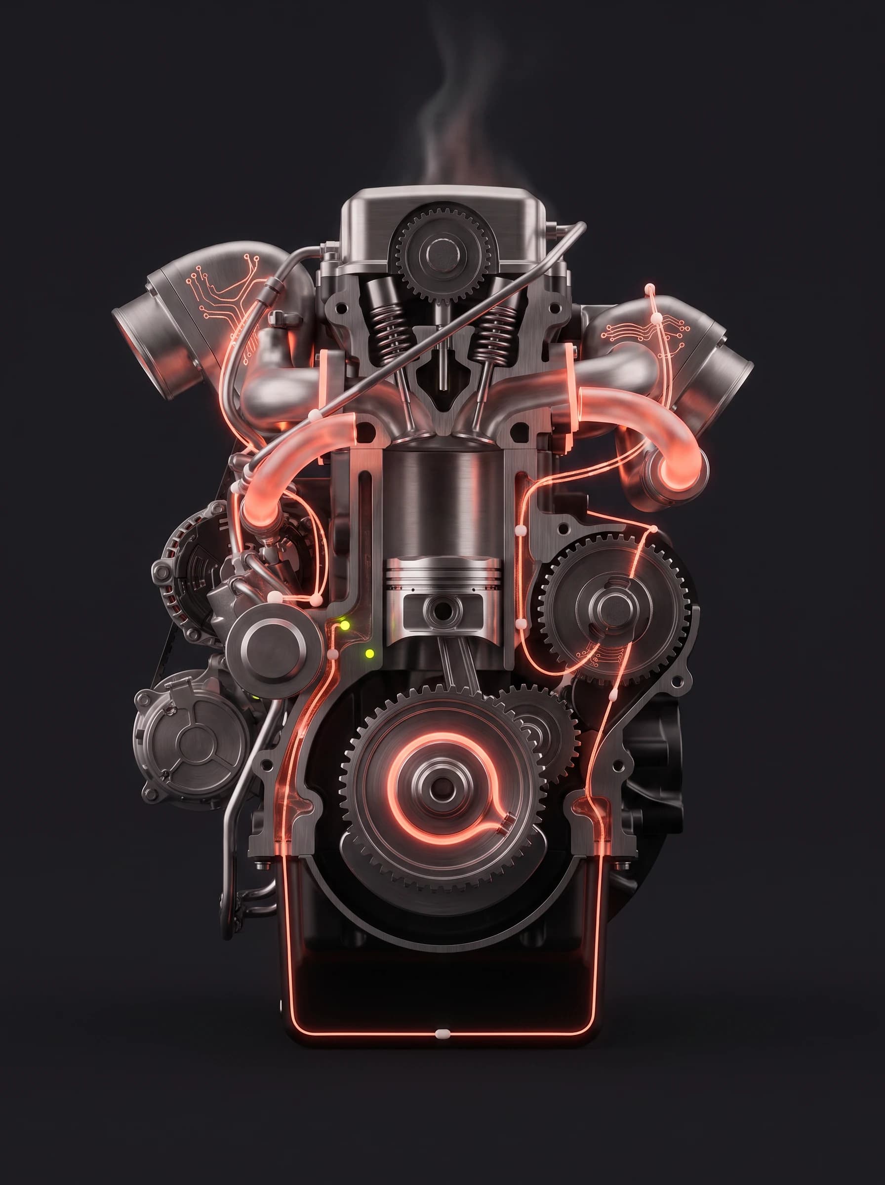 The same engine cut through its centreline, the whole interior open to view: pistons in their bores, the crankshaft and gear train, coral light running the galleries