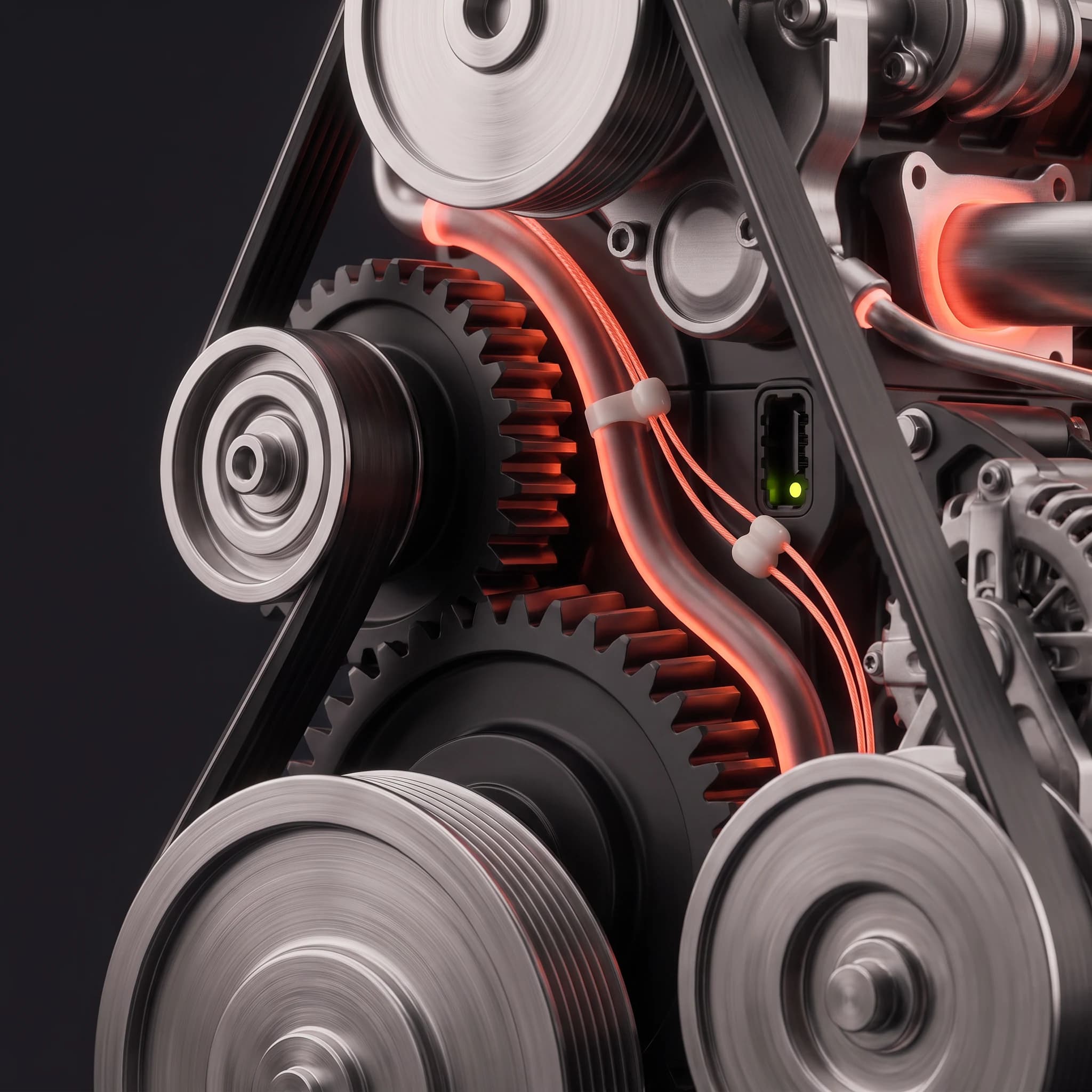 Macro view of the engine's belt and gear drive, coral light caught in the gaps between the meshing teeth