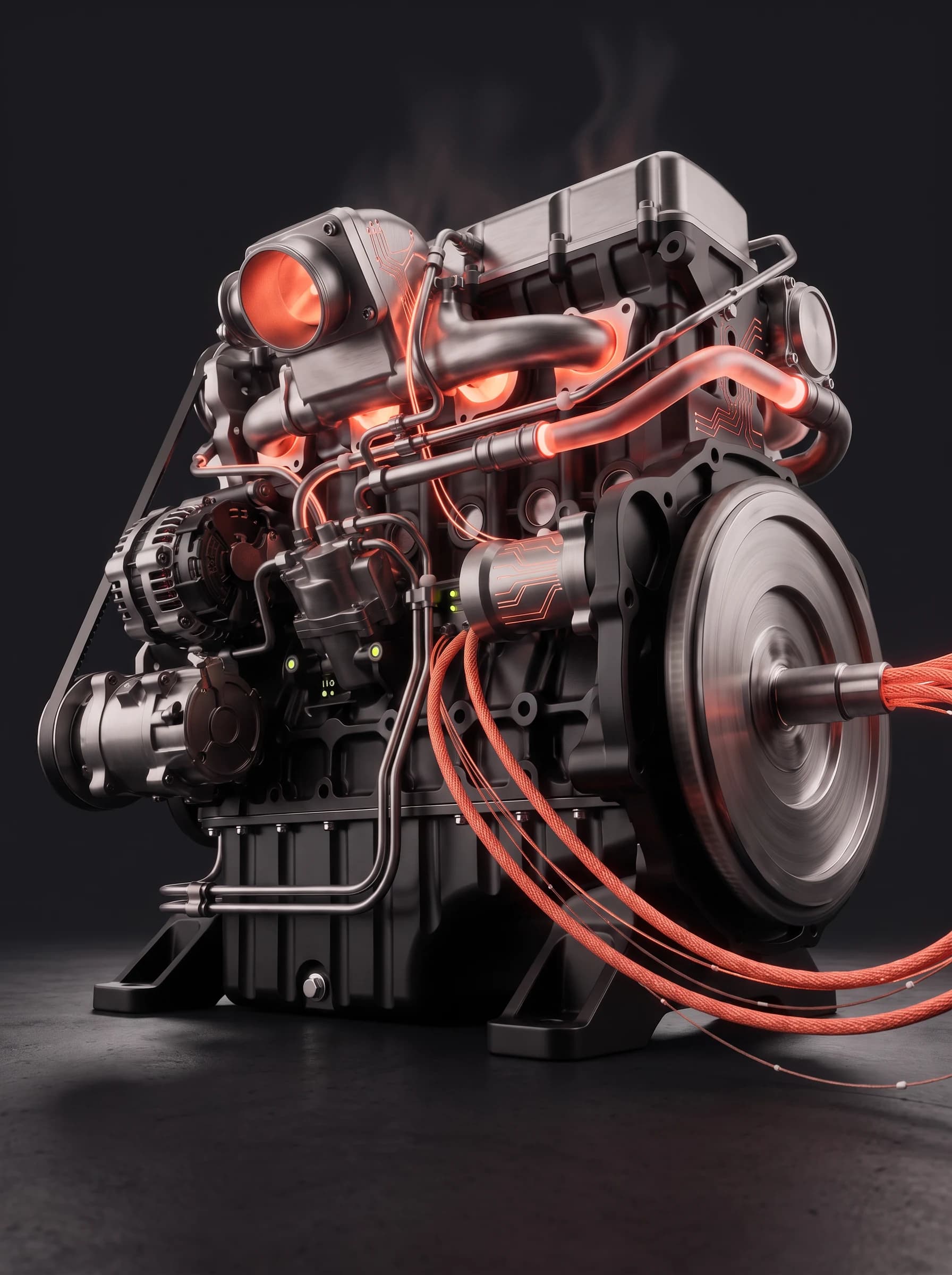 The engine seen from floor level, standing on its mounting feet, the block rising away above the lens with coral light spilling down the casting