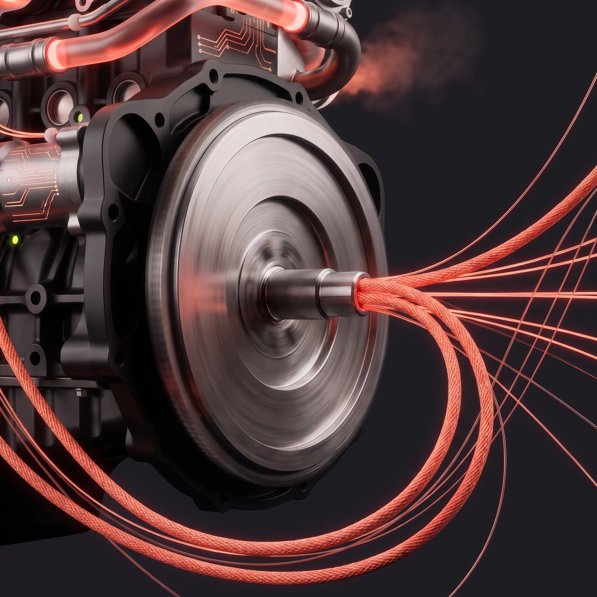The output end of the engine, flywheel blurred with rotation, thick braided coral cables and finer strands leaving the shaft and running out of frame