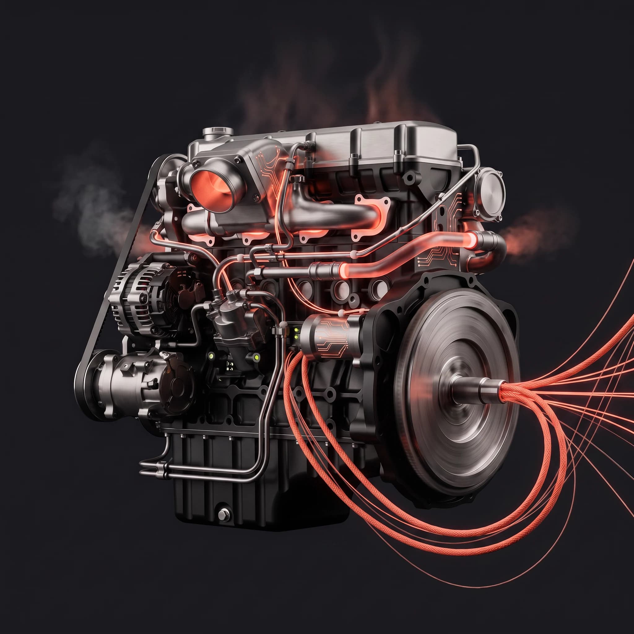 A cutaway combustion engine on a dark ground, its pipework and wiring lit from within in coral, with a bundle of glowing coral cables running out of the flywheel into the dark.