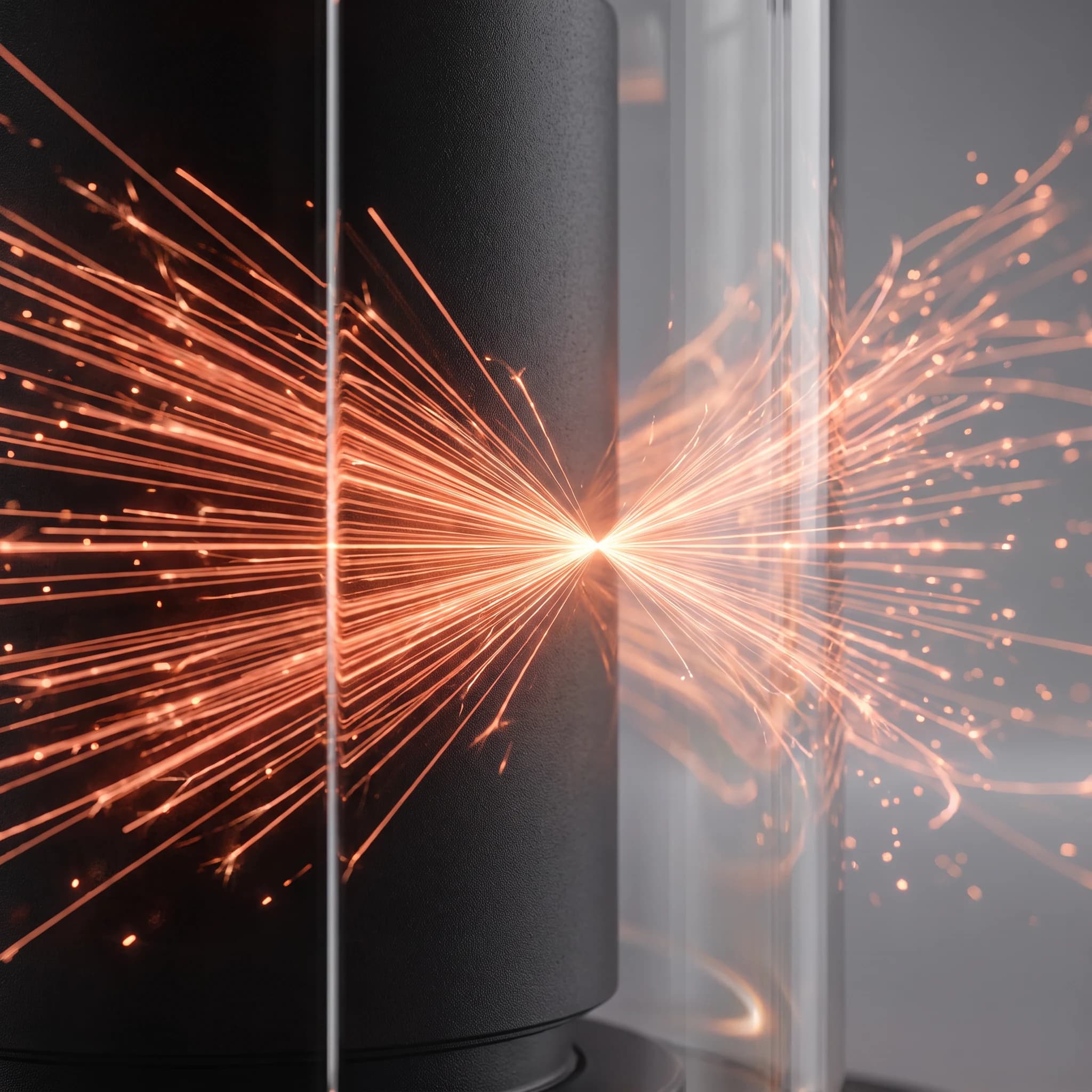 Extreme close view inside the chamber: fine coral filaments of light stream out from a single bright origin point in both directions, resolving into separate threads and sparks against the matte black core, with the clear glass wall crossing the frame