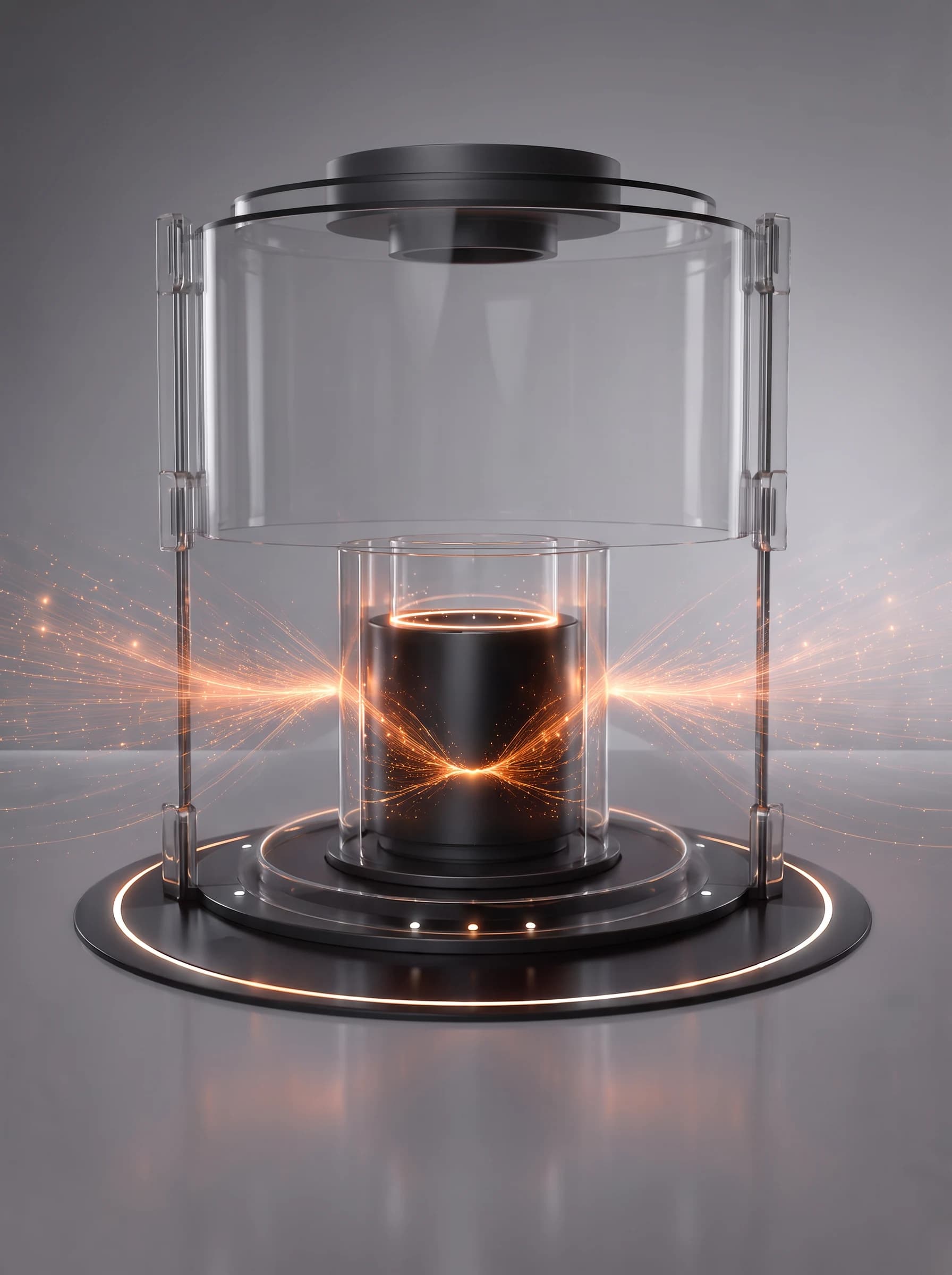 The chamber open — the black cap and its glass cylinder raised clear on the two glass pillar posts, leaving the inner glass tube and its black core exposed on the lit base plate, the coral burst streaming out unenclosed