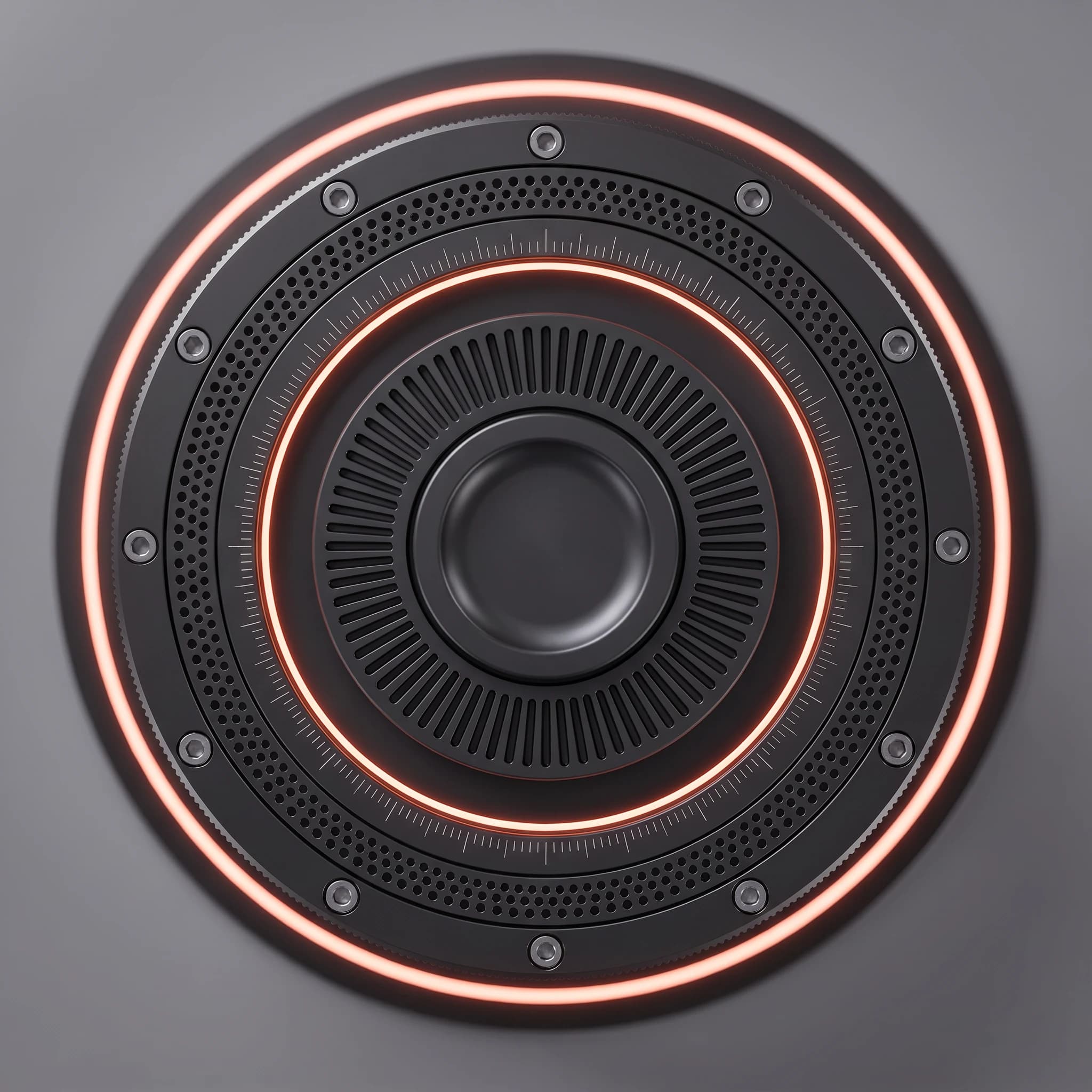 The cap seen from directly above: concentric machined tiers of black metal running out from a dished centre pad through radial vent slots, a glowing coral ring, dense engraved tick marks, a band of fine perforations and a circle of countersunk hex fasteners