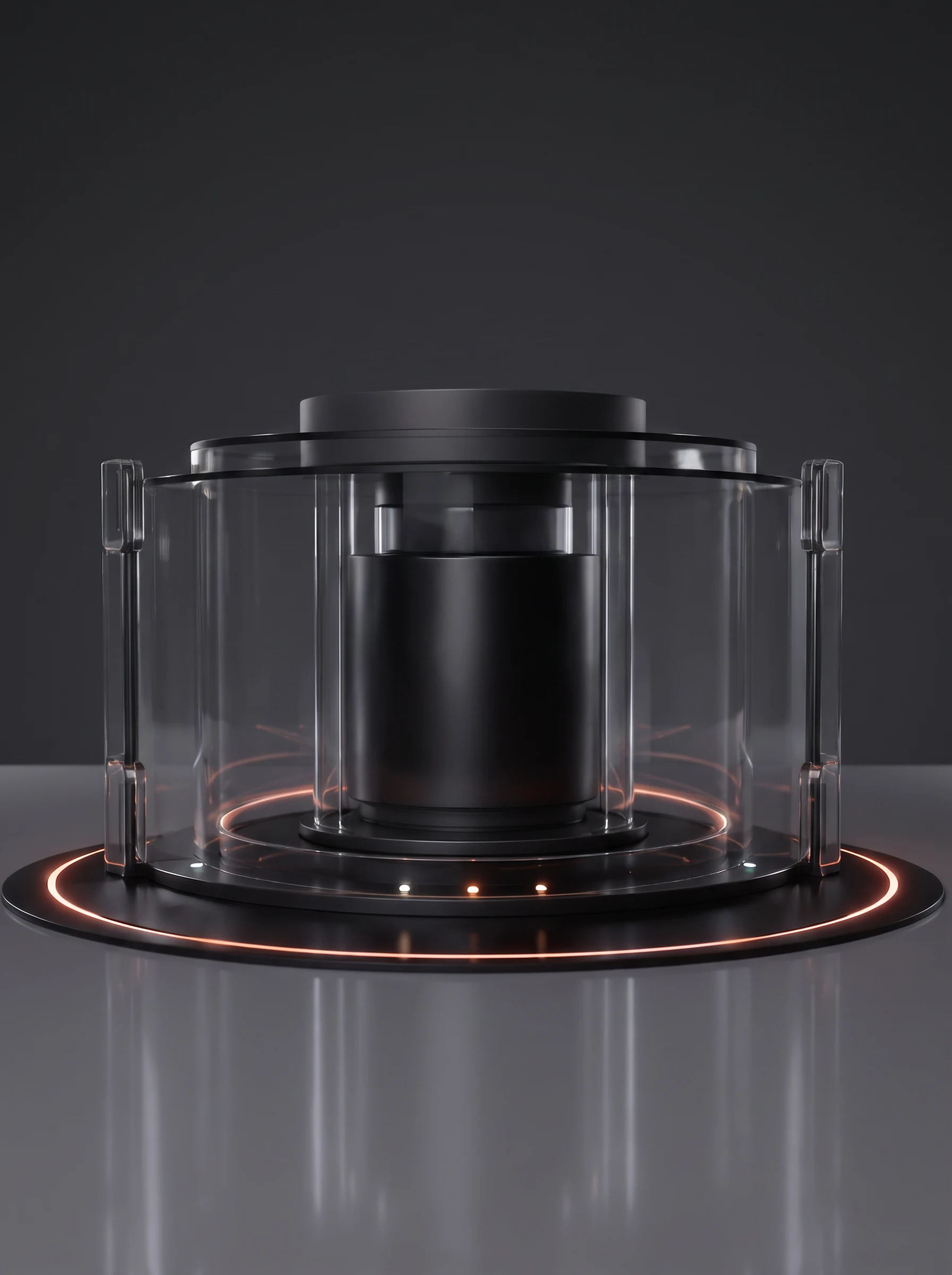 The same chamber switched off and mirrored in the polished floor: no burst, the core dark behind the closed glass, only the base plate's inlaid ring still glowing faintly