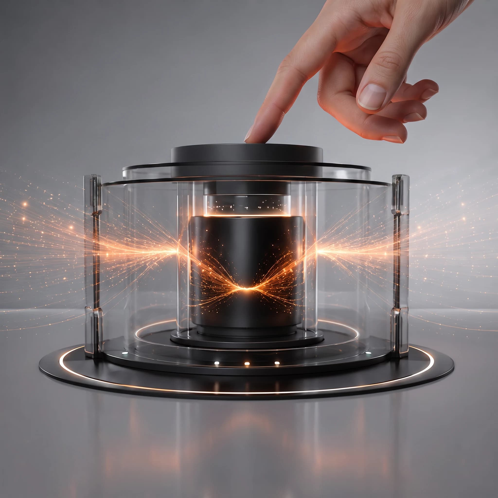 A hand reaching in from above to press the black cap of a glass-walled chamber, inside which a matte black core throws a burst of fine coral light filaments out through the glass in both directions.