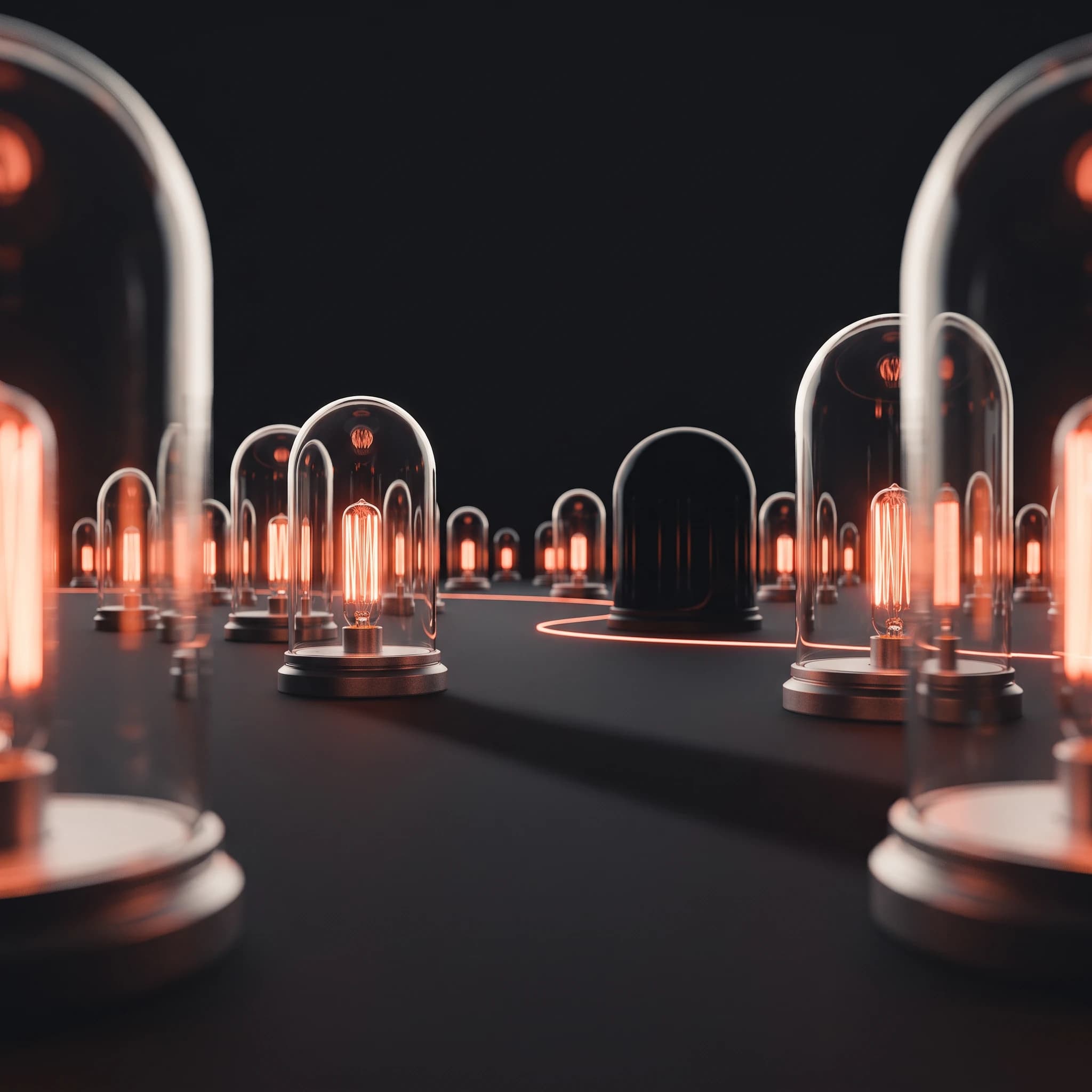 A low view across the field of glass dome lamps from table level, coral filaments receding into the dark like a lit skyline, one dome standing cold and unlit among them