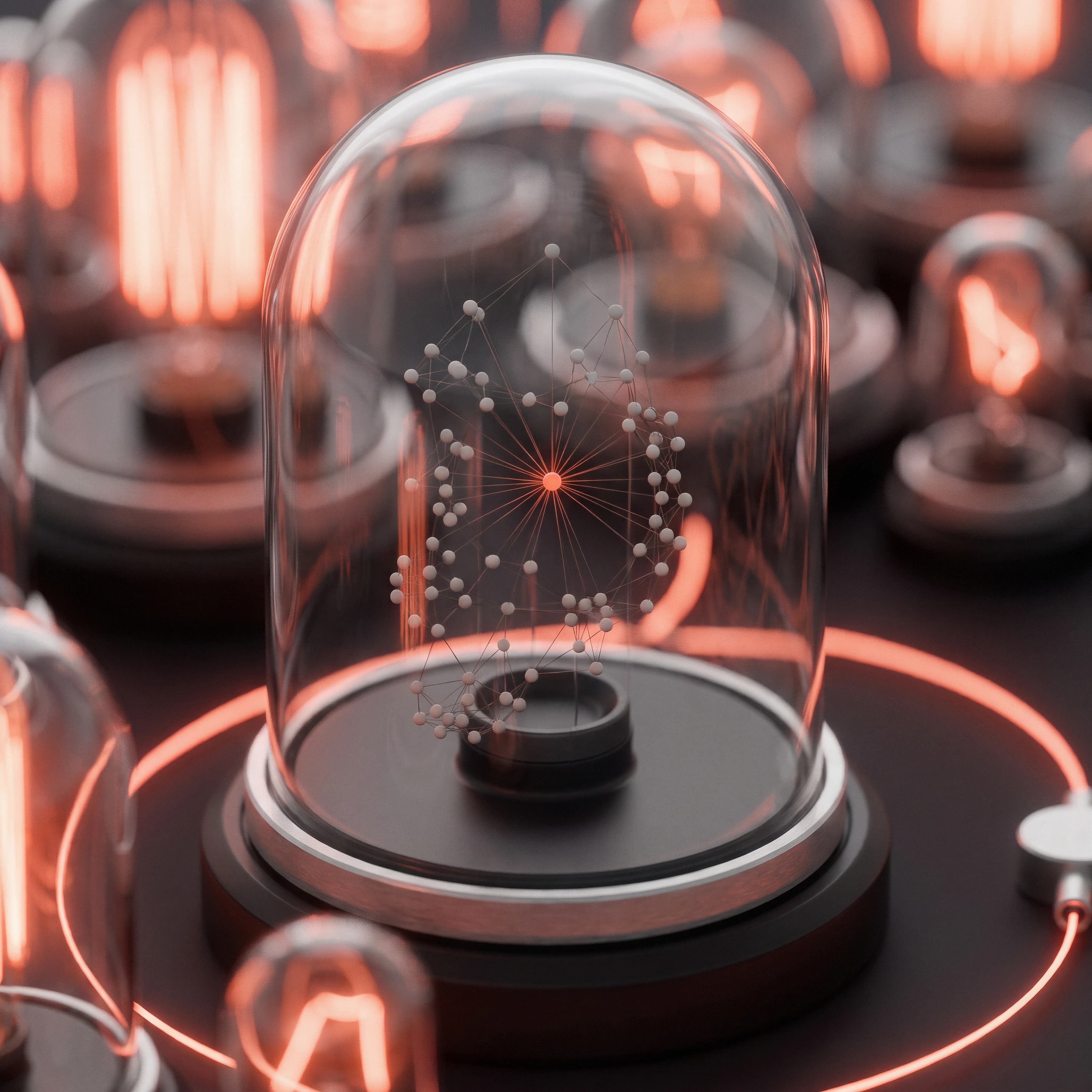 Close on the single dark dome — its filament cold but completely intact, a coral light-trace passing around the base without touching it, the lit lamps glowing out of focus behind