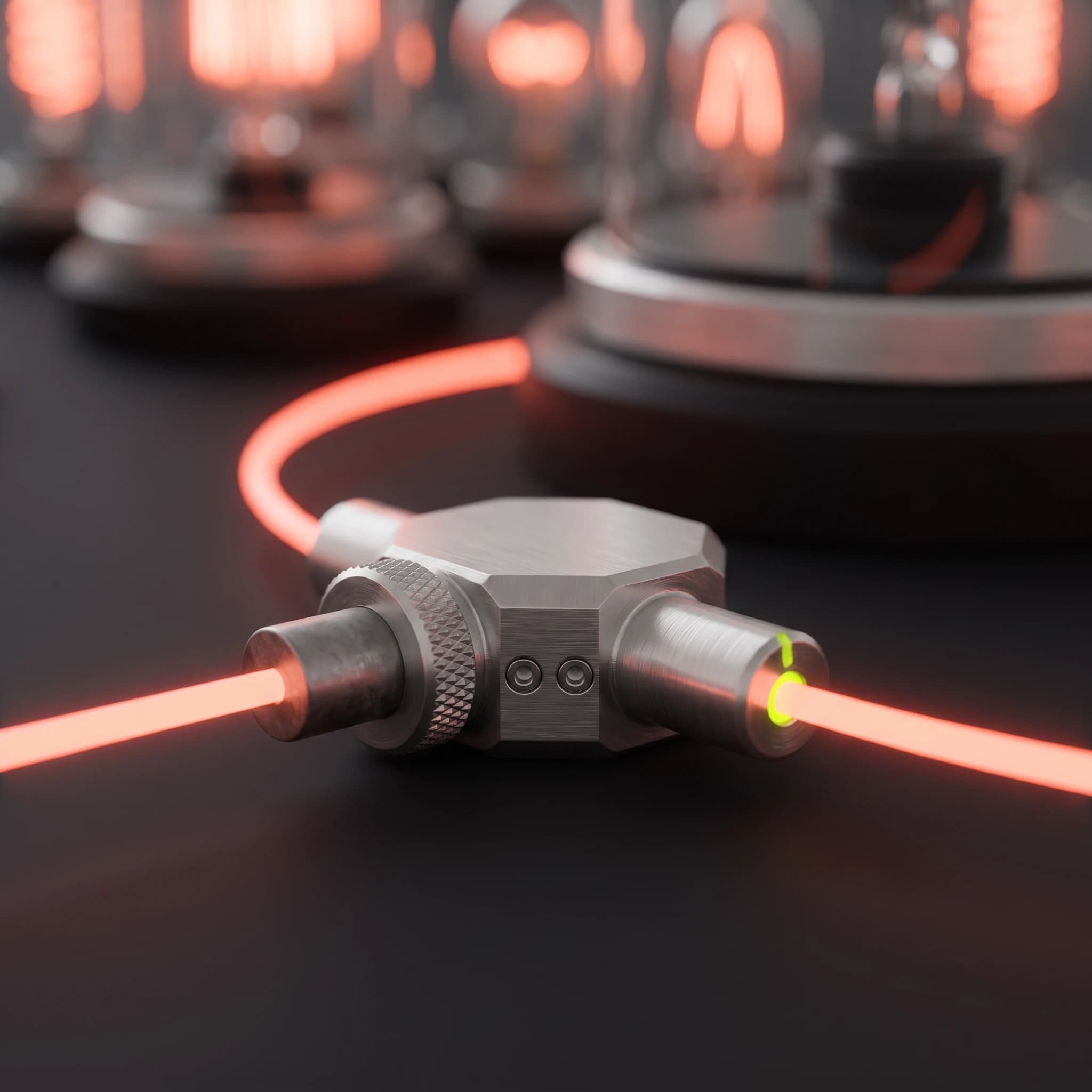 A brushed-aluminium junction fitting in close-up, the glowing coral trace arriving from one side and continuing through it along the live path