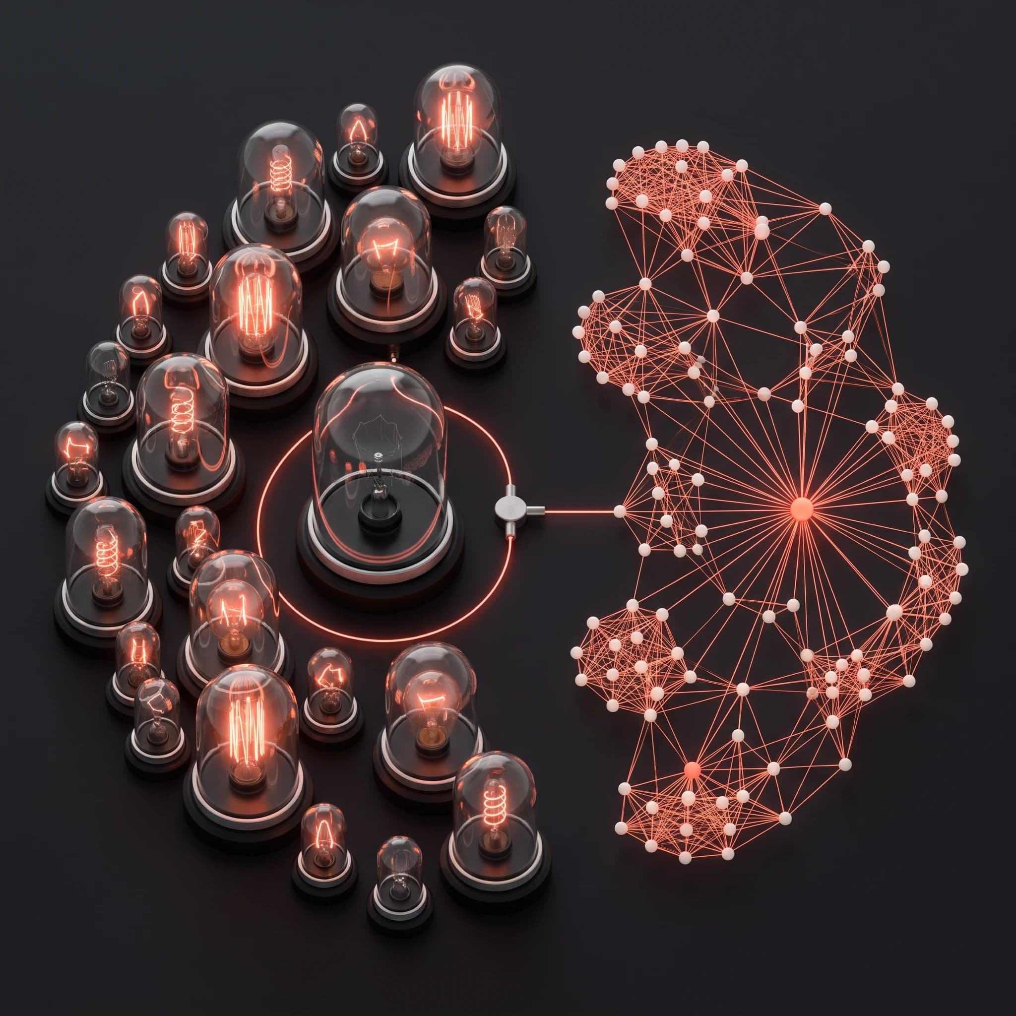 A cluster of glowing glass instrument domes with one gone dark — its signal routed into a brain-like constellation of nodes