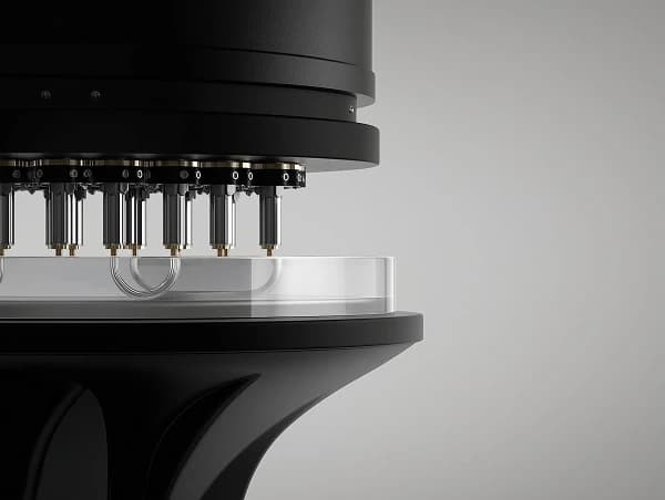 Precision industrial machinery behind a dark geometric mosaic