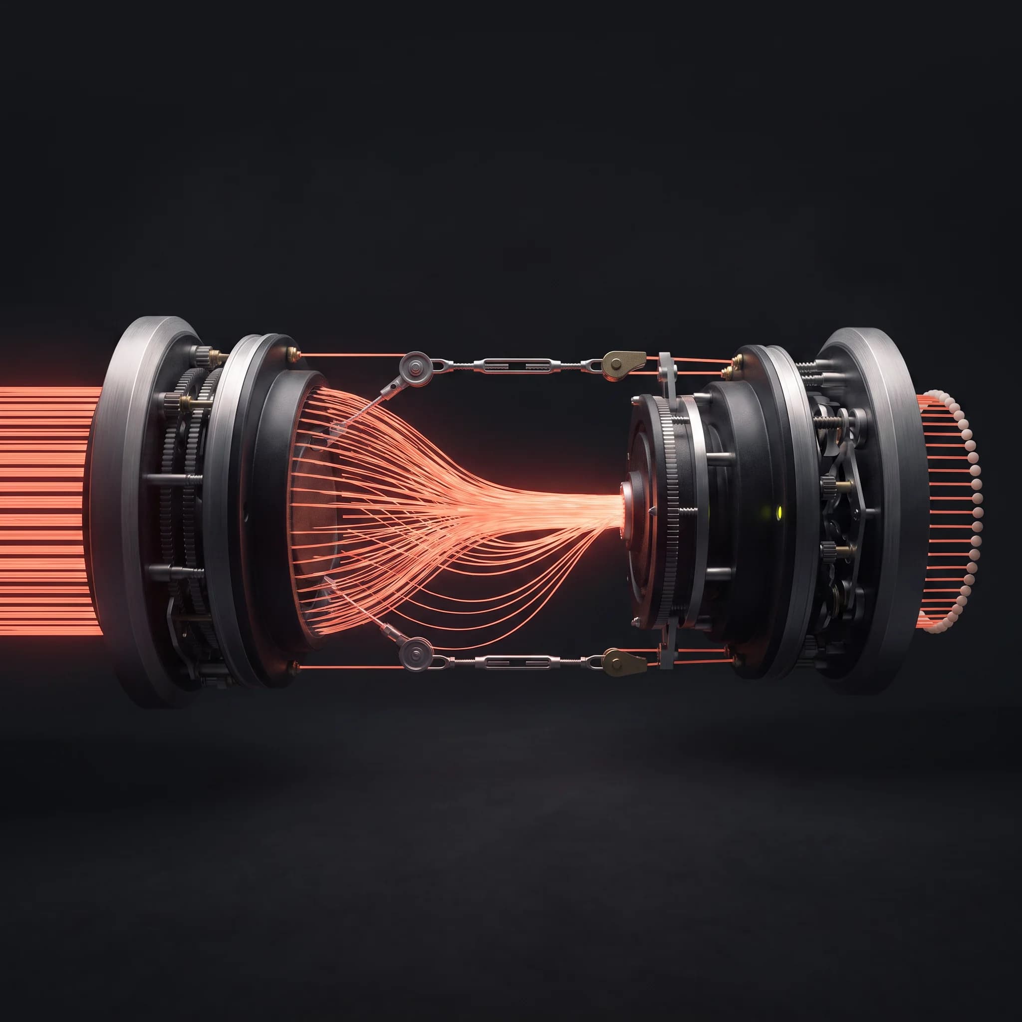Side profile of two machined hubs bridged by dozens of taut glowing orange filaments converging in a bright center, fine tensioner linkages running above the span.