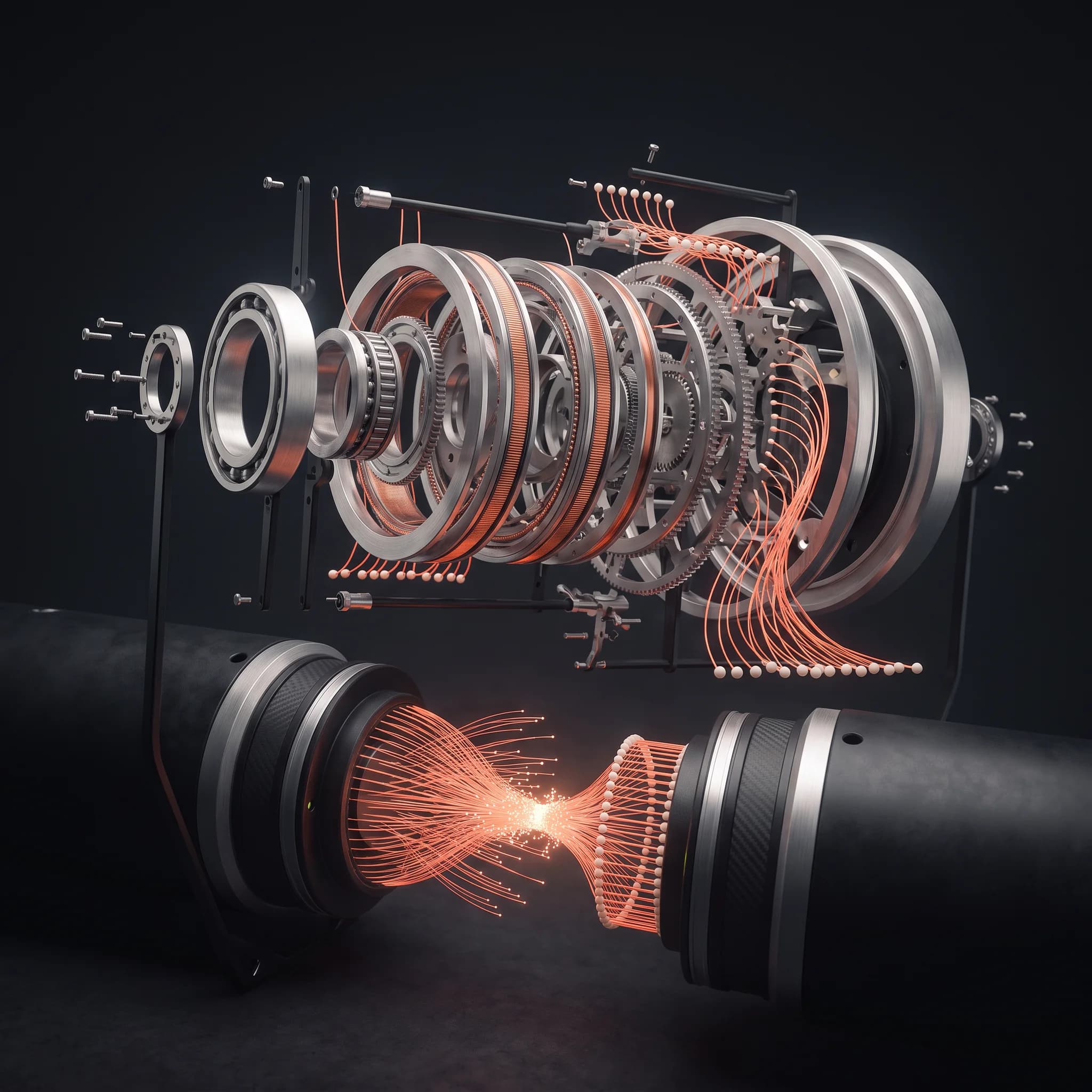 Rotary relay drum taken apart mid-service, its bearing rings, copper windings and contact plates hovering in separate layers above a machined barrel dispatching a burst of glowing orange filaments.