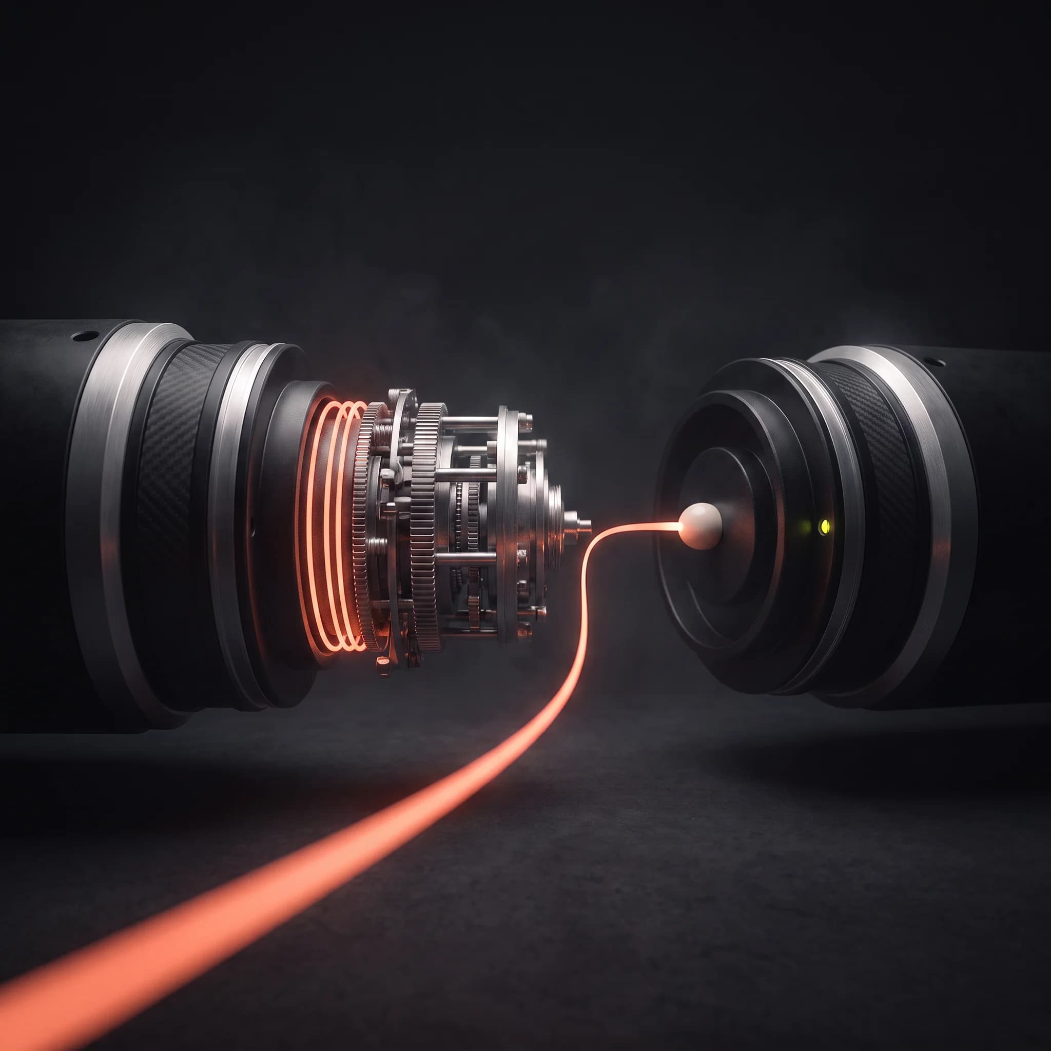 A single glowing orange filament running low across a dark bench from an open machined relay toward a small white bead terminal on a facing barrel.