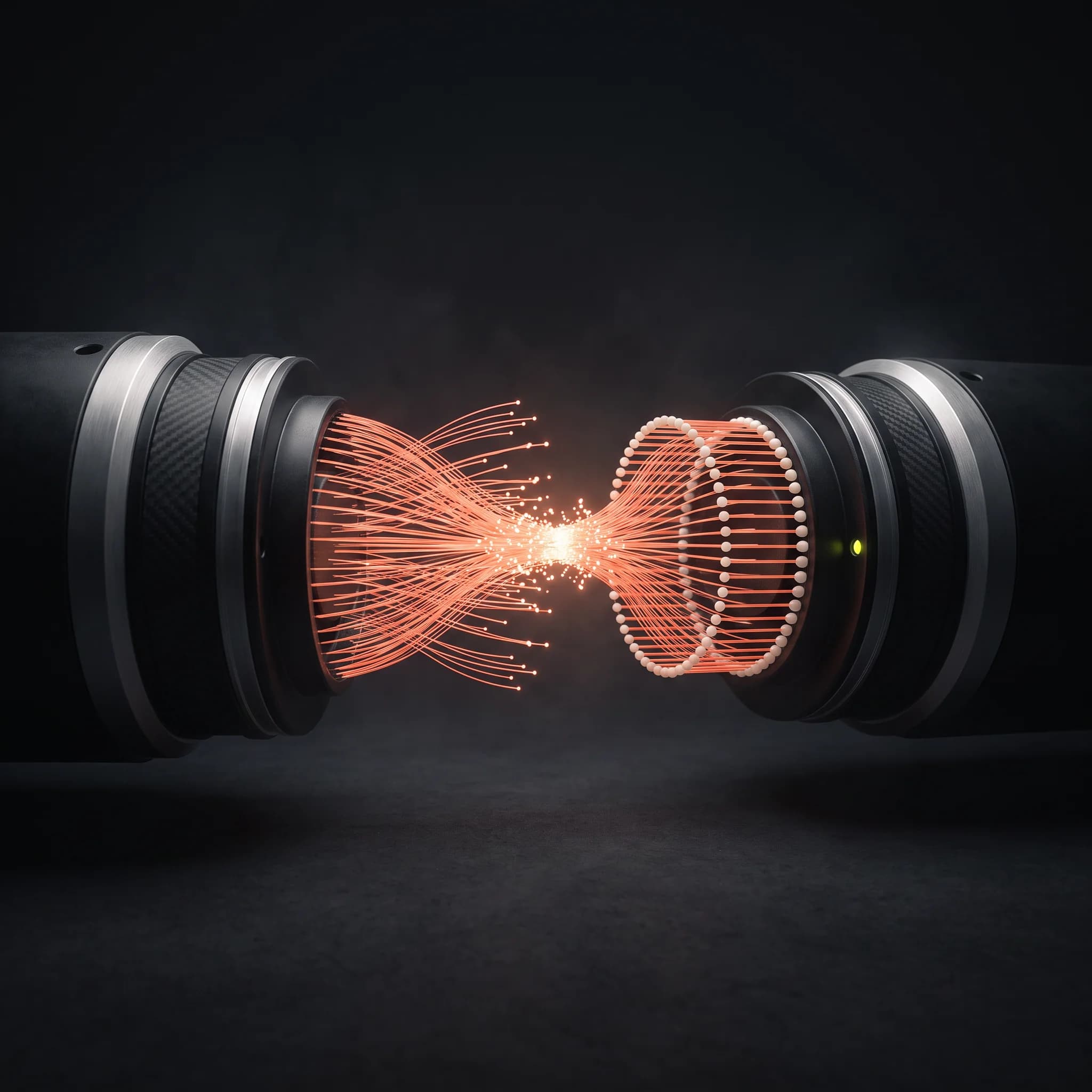 Two facing machined metal barrels bridged by a spray of fine glowing orange filaments meeting in a bright core, ending in a ring of small bead terminals.