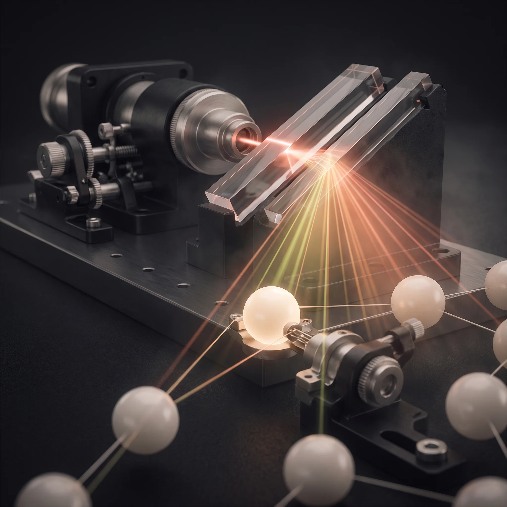 Close view of one glowing white bead singled out by converging amber and lime rays beside machined micrometer adjusters, neighbouring beads soft and dim behind it.